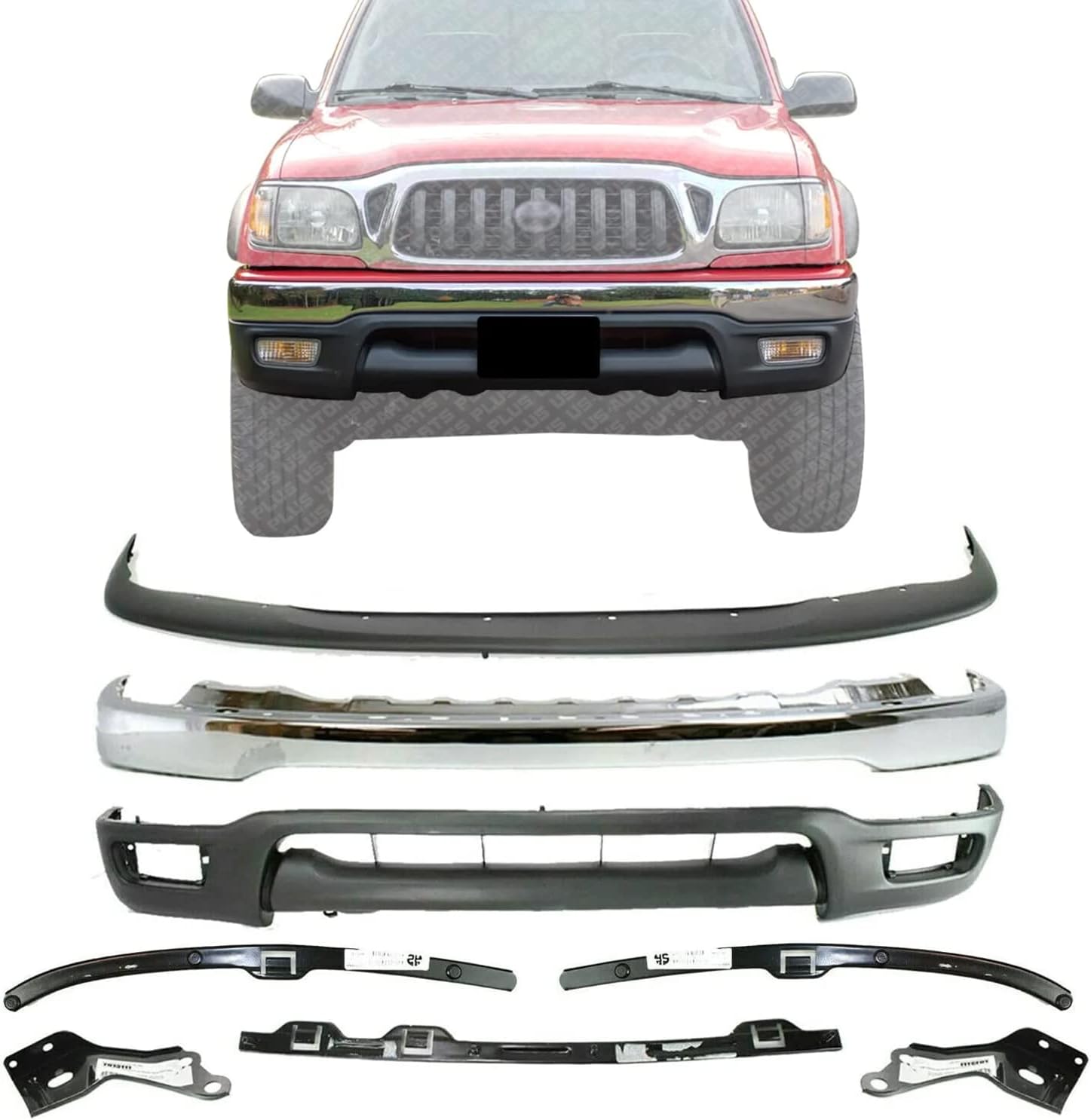 US AUTO PARTS PLUS New Front Bumper Chrome + Upper Cover + Lower Valance Primed + Retainers & Brackets Right Passenger & Left Driver Side Direct Replacement For Toyota Tacoma 2001-2004