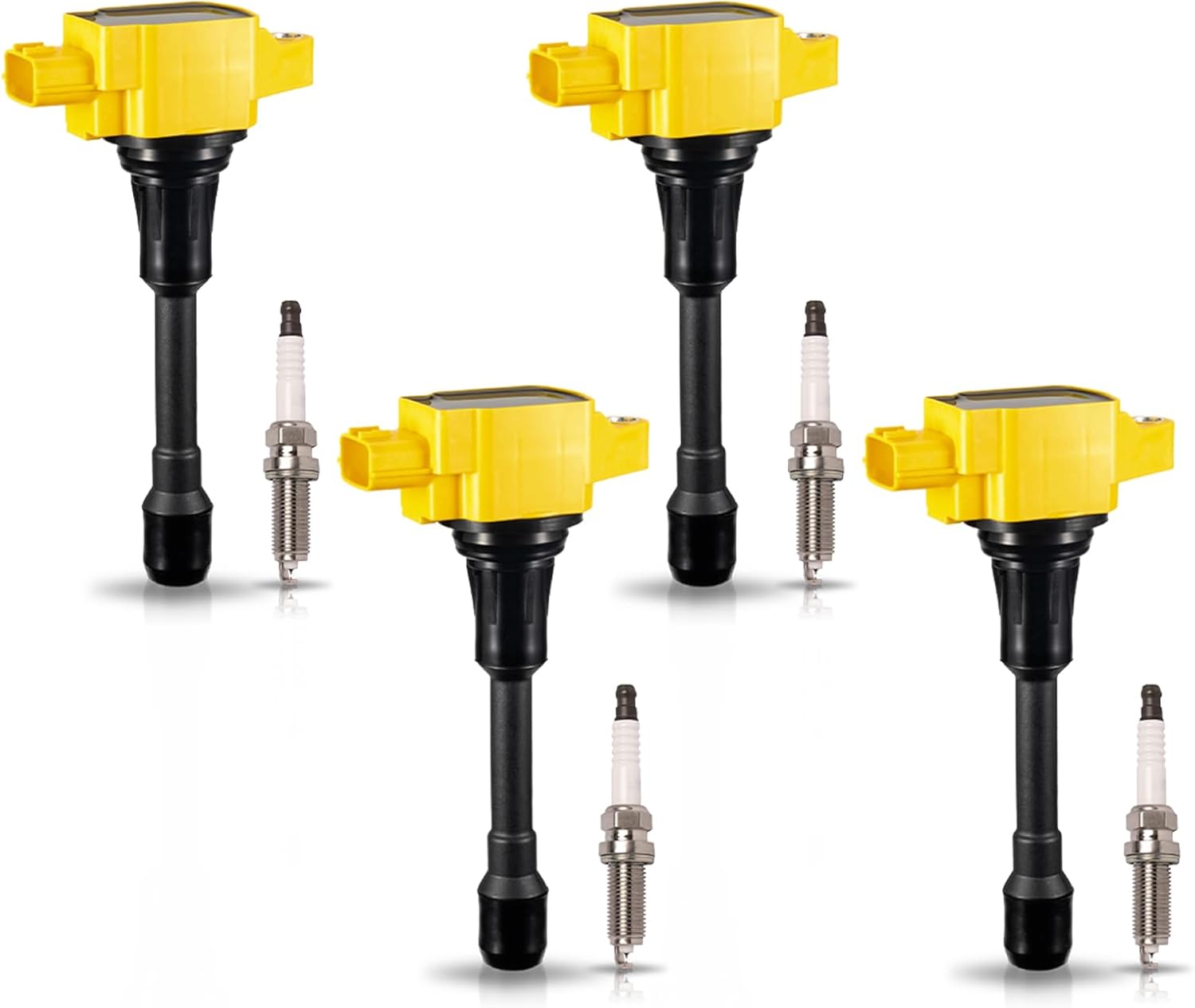 ENA Set of 4 Yellow Ignition Coil Pack Double Iridium Spark Plug Compatible with Nissan 2007 2008 2009 2010 2011 2012 2013 2014 2015 2016 2017 2018 2019 Altima Rogue Sentra Cube Versa 2.5 2.0 1.6 1.8