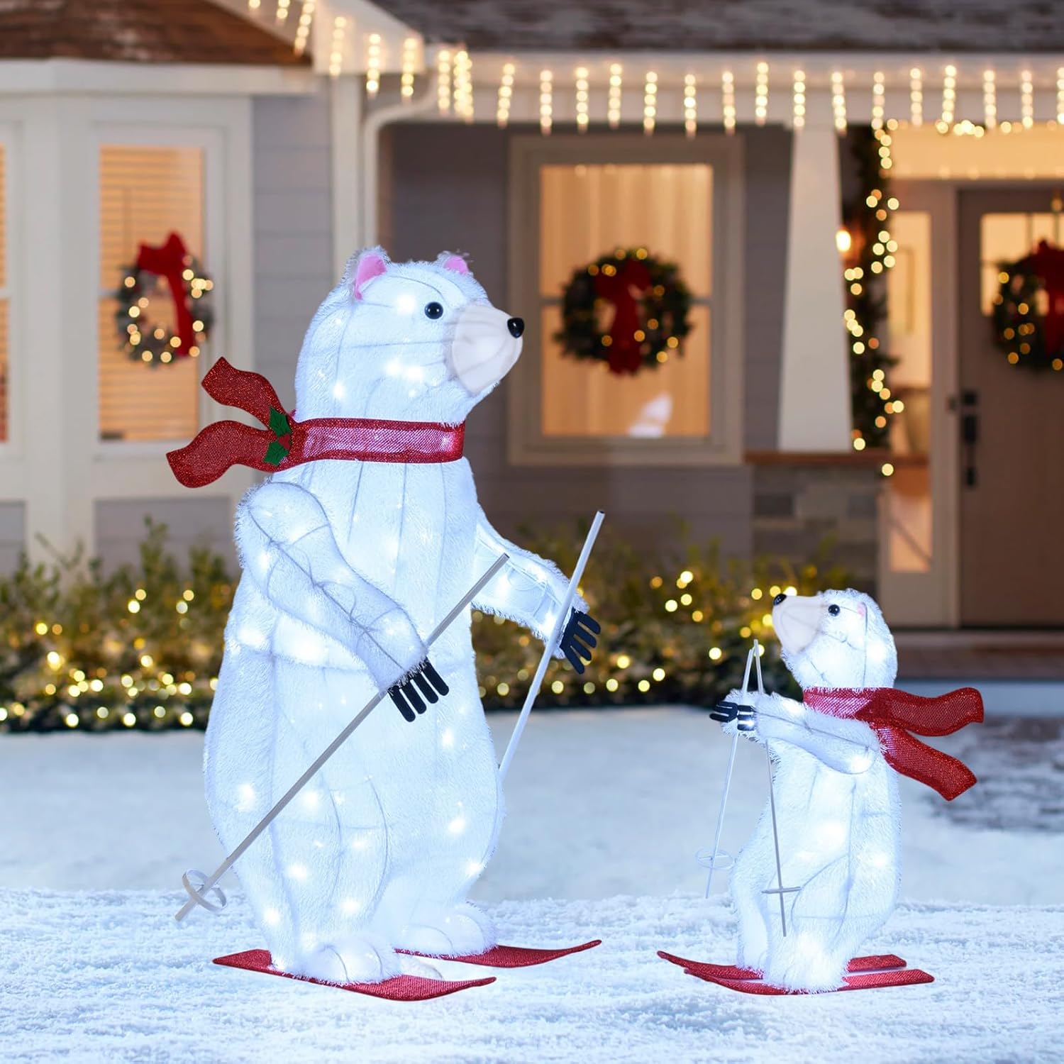 Tangkula 2-Piece Lighted Polar Bear Christmas Decorations, Animated Skiing LED Polar Bears with Red Scarves for Indoor Outdoor Holiday Yard Decor