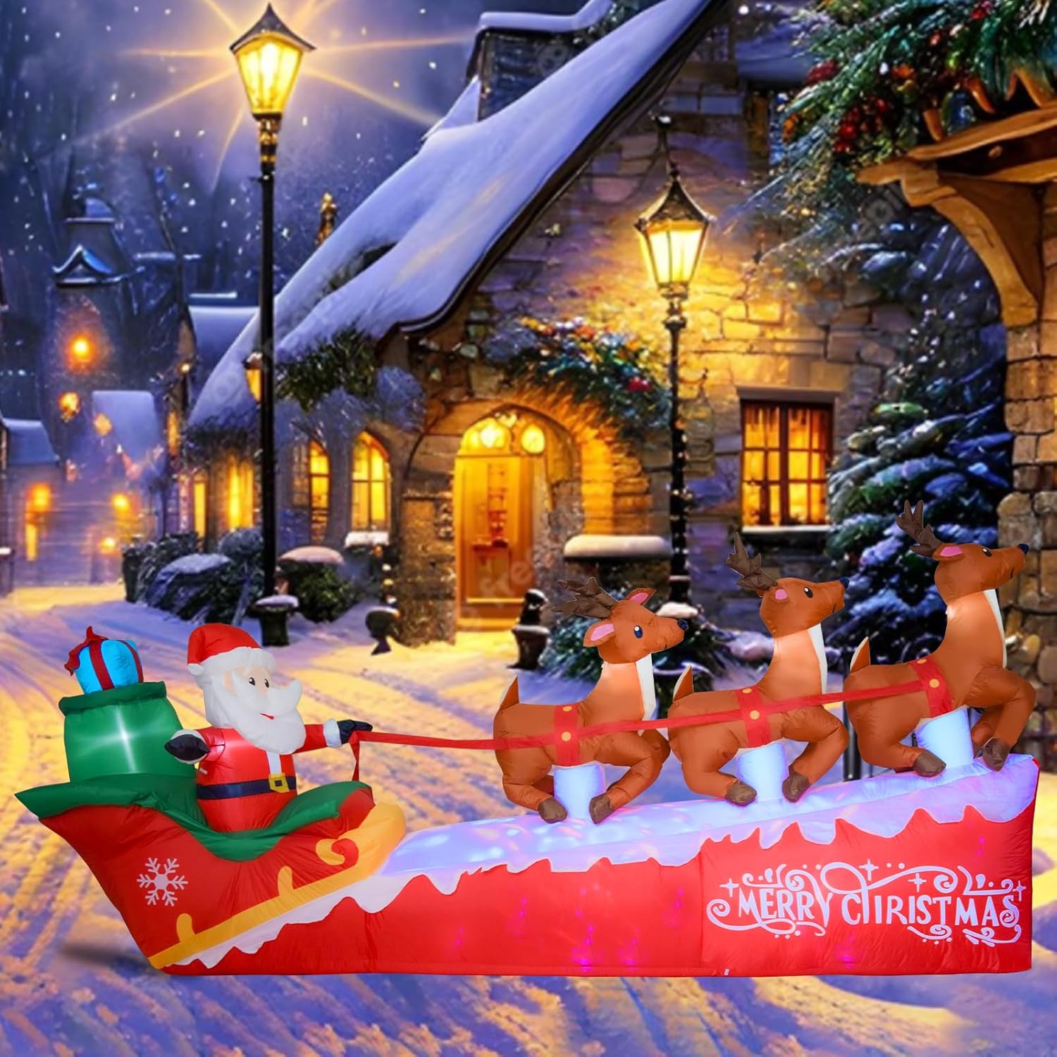 10FT Christmas Inflatable Santa Claus on Sleigh with 3 Reindeer, Blow Up Yard Clearance with LED Lights Built-in, Holiday Party Decor for Garden