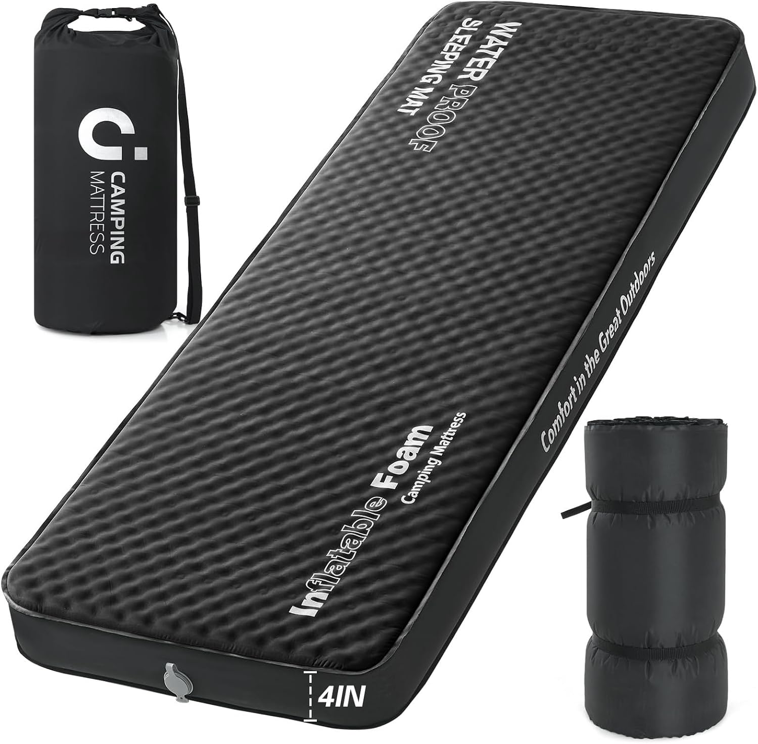CYMULA 4-inch Automatic Inflatable Mattress, Camping Mattress with Air Pump Sack, Suitable for Adults, Backpacking Travel, Tent, Black