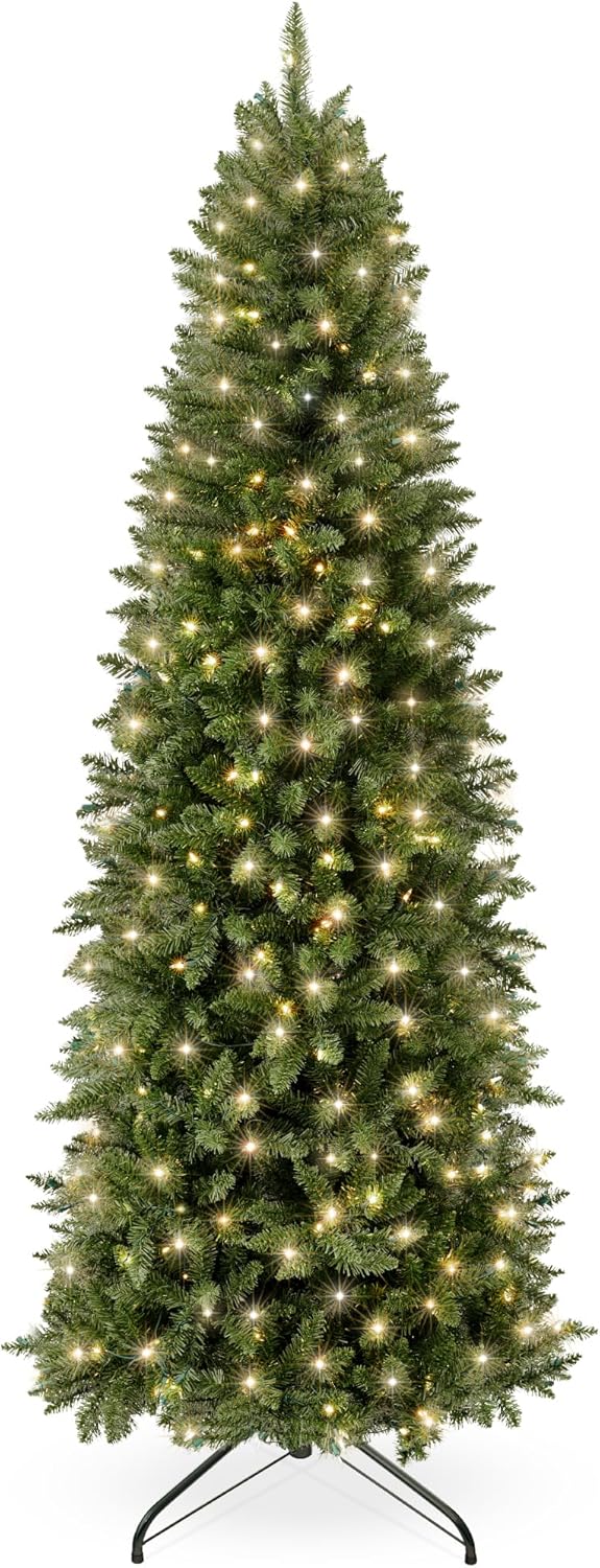 Best Choice Products Prelit Pencil Christmas Tree, 6ft Premium Artificial Tree, Realistic Lighted Spruce Holiday Decor w/Warm White Lights, Base
