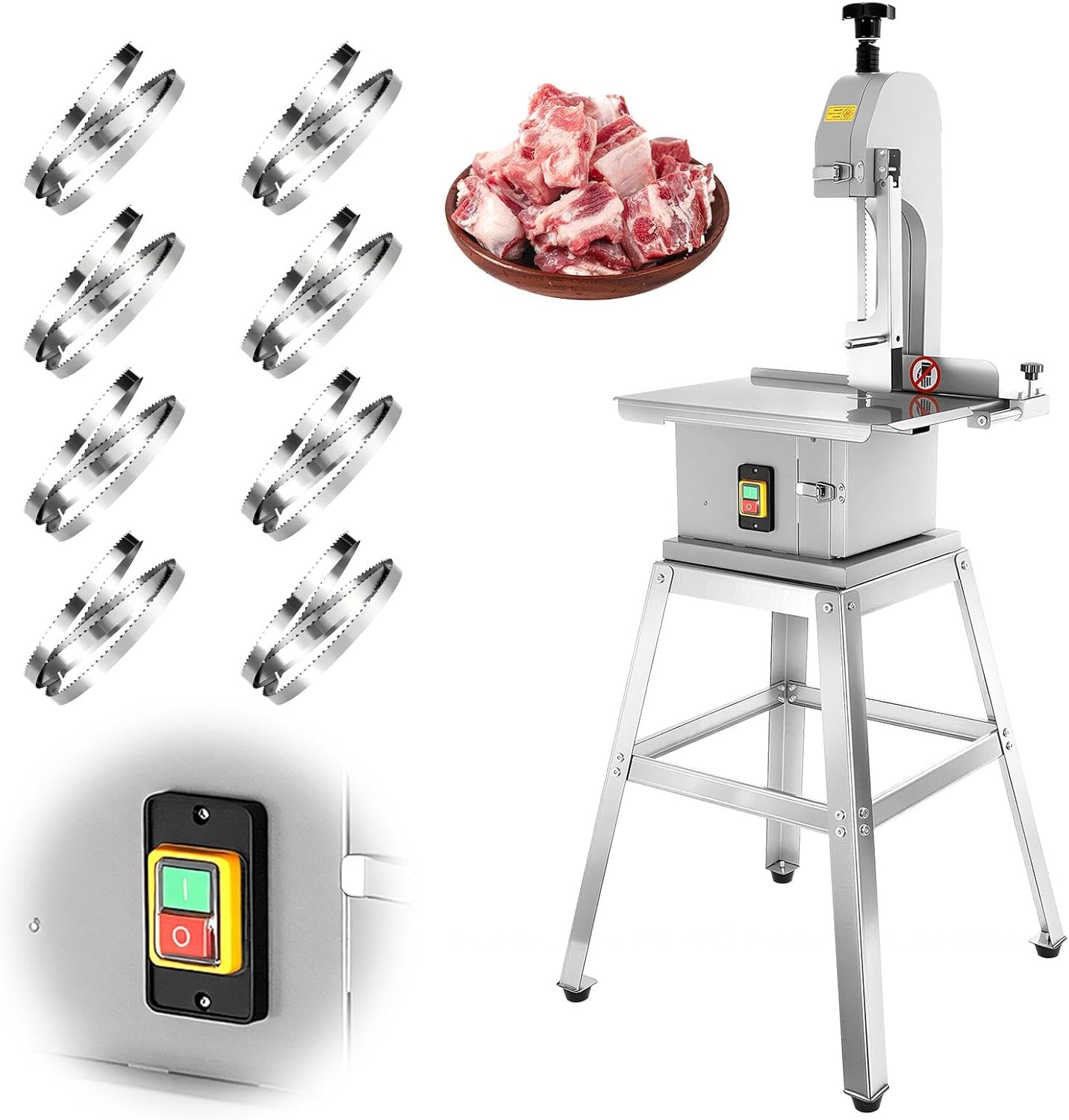 Commercial Electric Meat bandsaw, 1500W Electric meat Bone Saw, 110V Meat cutting Bandsaw, Frozen meat Cutter with 8 Saw Blades, Cutting Thickness 0.04