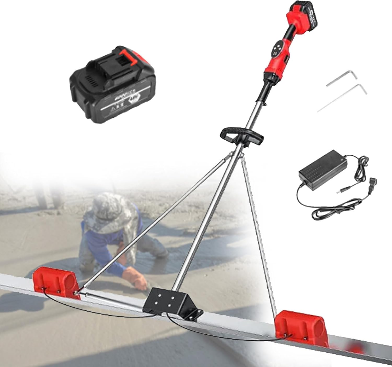 Power Concrete Screed Vibratory Kit, Portable Electric Concrete Finishing Tool, with Board and Leveling Ruler, for Construction Sites 2*Battery-2M