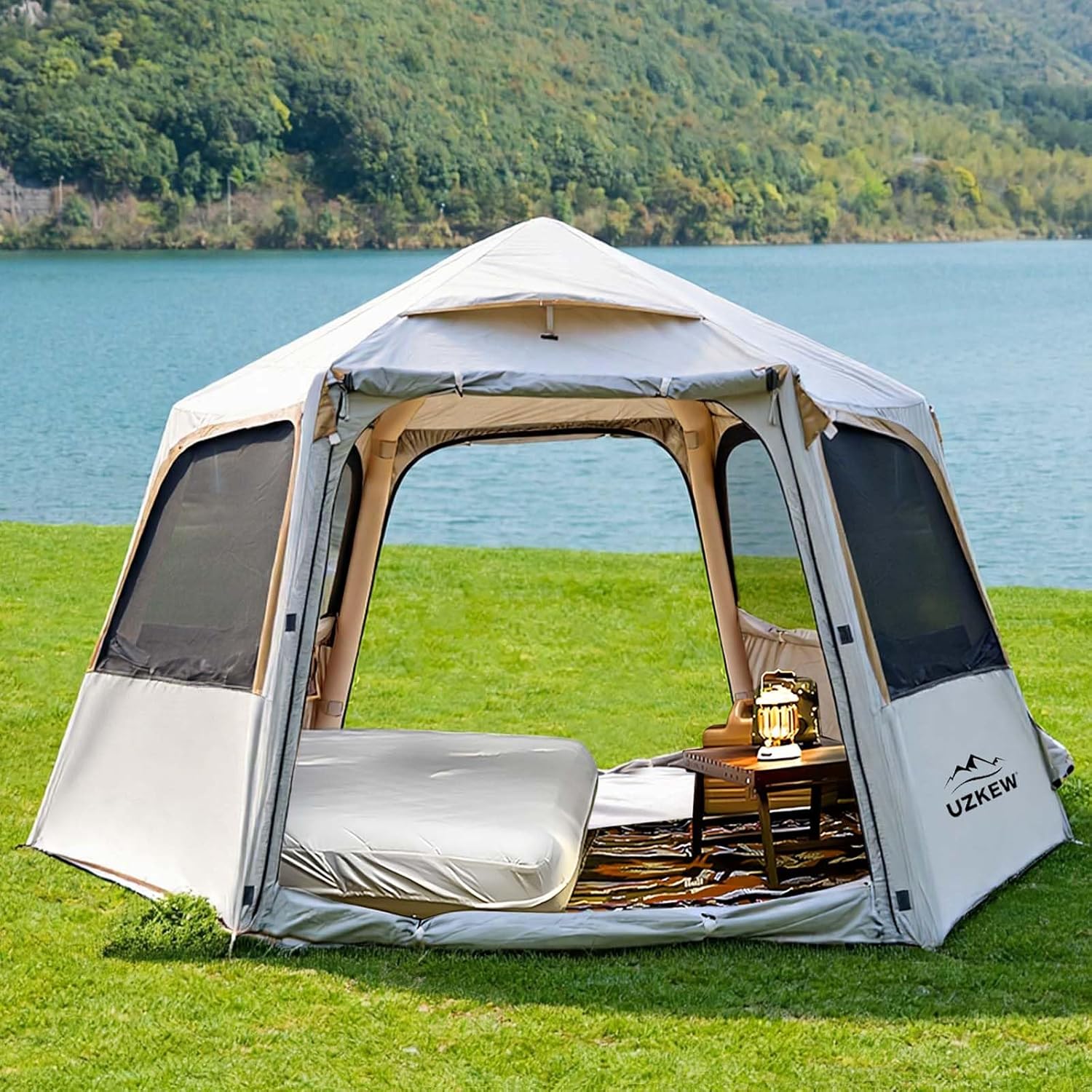 Hexagon Inflatable Camping Tent, 1-4 Person 2 Doors & 4 Mesh Windows Quick Setup Blow Up Tent Air Glamping Tents Big Large Waterproof Windproof, 4 Season for Outdoor Camping Adult Manual Pump