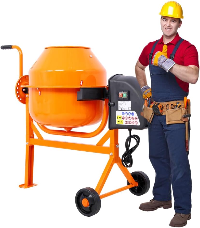3.0 Cu. Ft Electric Cement Mixer, 650W 2/3 HP Heavy Duty Cement Mixing Machine Tools, Portable Concrete Mixer with Wheels and Stand for Mortar, Stucco and Fodder, Adjustable Tilt, Orange