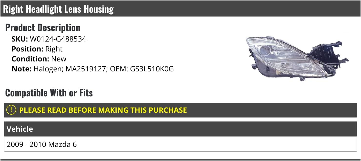 Right Passenger Side Halogen Headlight Assembly - Compatible with 2009-2010 Mazda 6