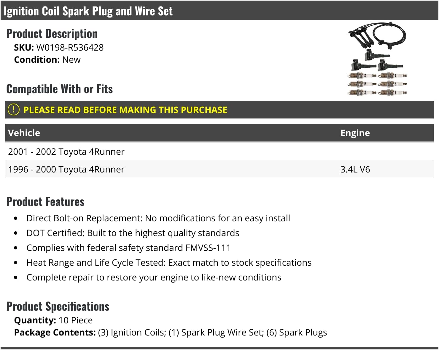 Ignition Coil Spark Plug and Spark Plug Wire Kit - 12 Piece - Compatible with 1996-2002 Toyota 4Runner 3.4L V6