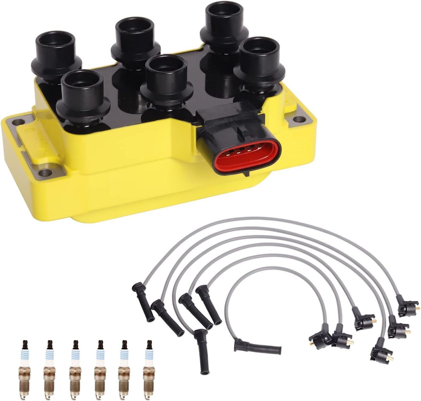 ENA Set of Yellow Ignition Coils with 6 Spark Plugs and Wire Set Compatible with Mazda Ford Mustang Ranger B4000 4.0L V6 Replacement for FD480 S858385