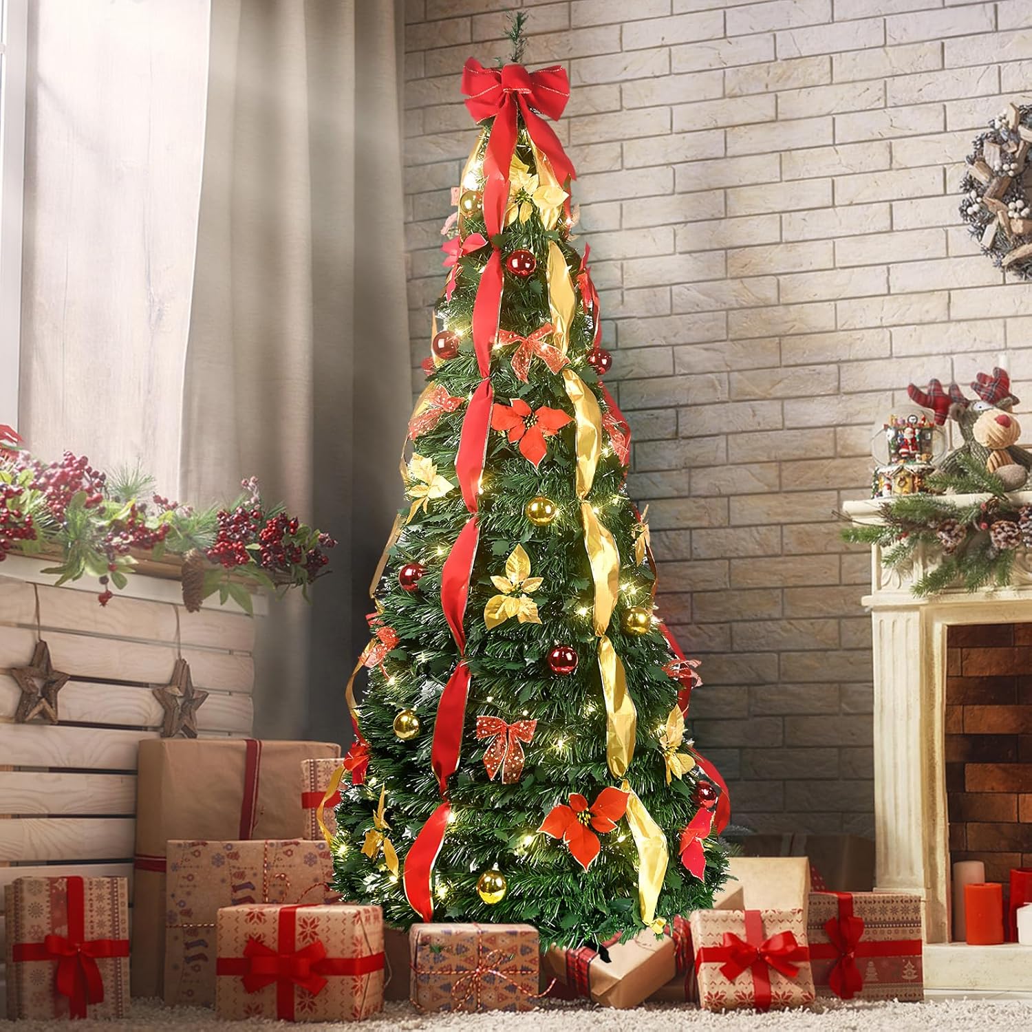6FT Pop Up Christmas Tree with Lights, Prelit Collapsible Christmas Tree with 150 Warm White Lights, 1 Minute Xmas Trees, Decorated Foldable Artificial Trees for Holiday, Party Decoration (Green)