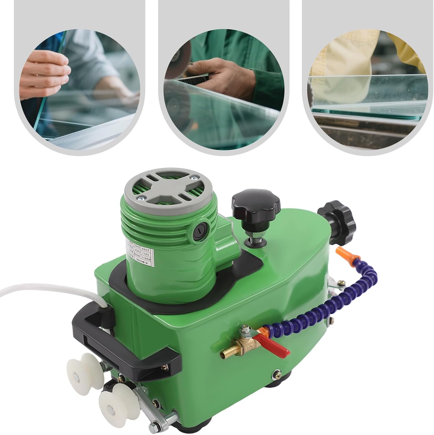 110V Glass Edge Polishing Machine, Heavy Duty Glass Grinder with Wheels & Handles, Adjustable Bevel, Portable Electric Glass Edge Grinding Machine for Glass and Stone Finishing (Green)