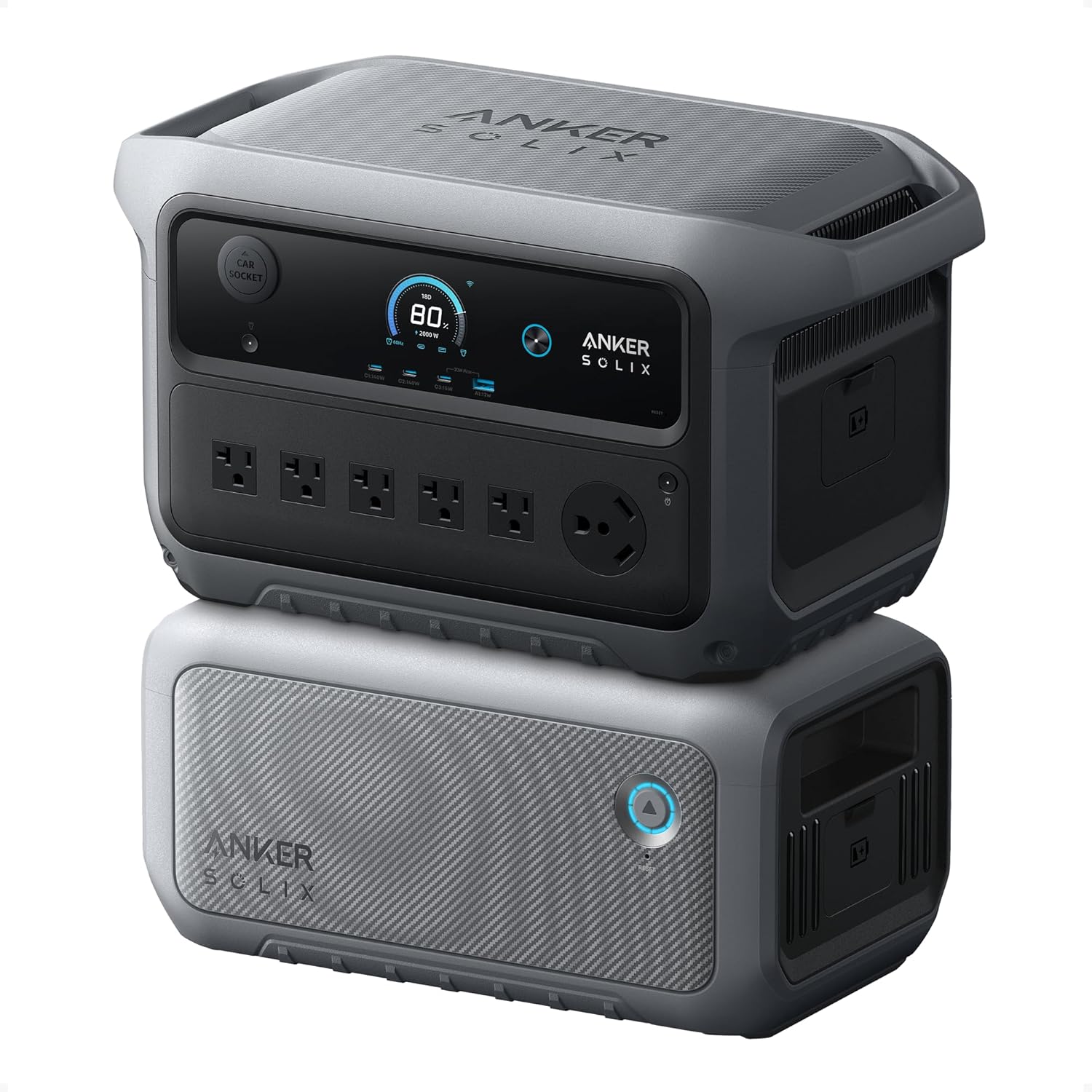 Anker SOLIX C2000 Gen 2 Portable Power Station with Expansion Battery, 2,400W (Peak 4,000W) Solar Generator, Full Charge in 58 Min, 4096wh LiFePO4 Battery for Home Backup, Power Outages, and Camping