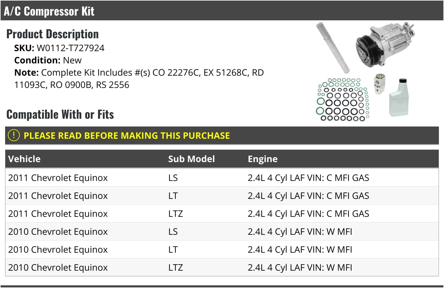 A/C Compressor Kit - Compatible with 2010-2011 Chevy Equinox 2.4L 4-Cylinder