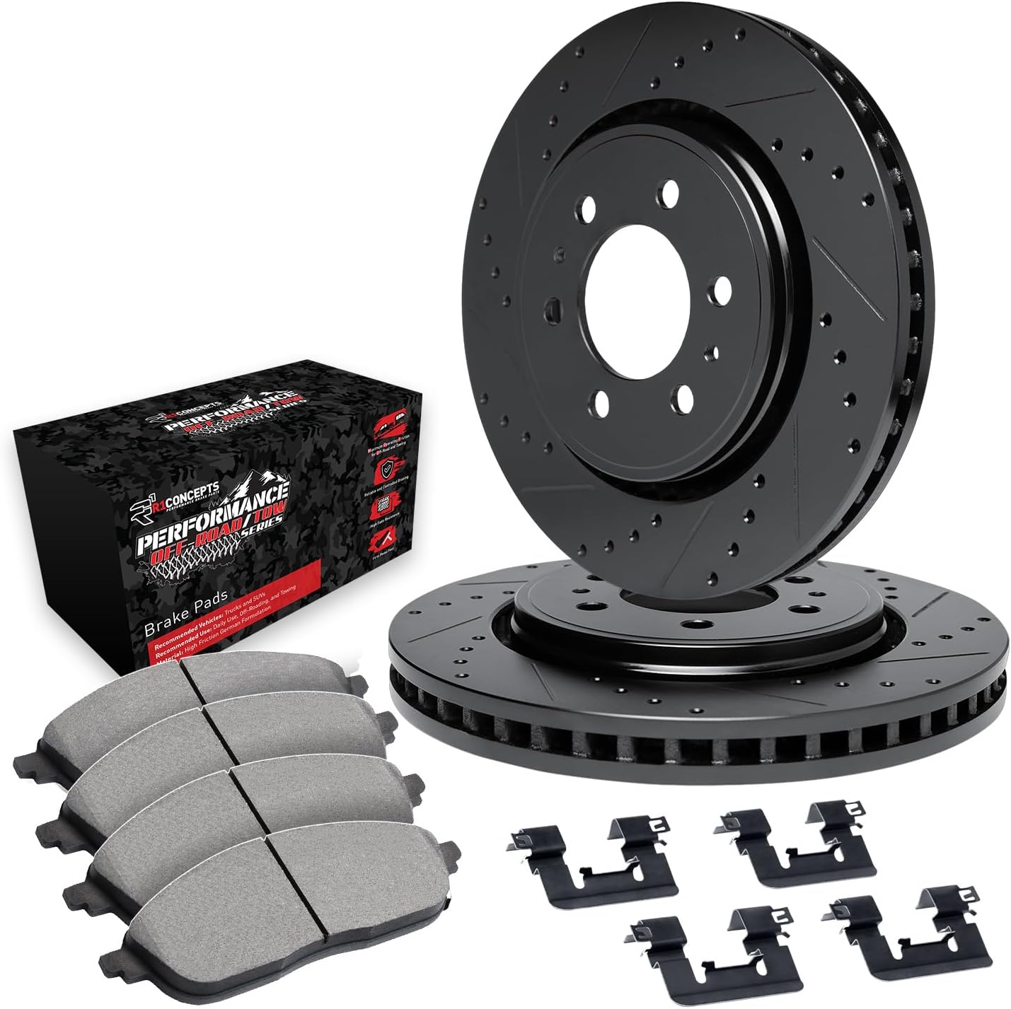R1 Concepts Front Brake Kit For 2003-2009 Toyota 4Runner, 2007-2014 Toyota FJ, 2005-2023 Toyota Tacoma| Drilled Slotted Brake Rotors| Off-Road/Tow Brake Pads and Rotors Kit| Hardware included