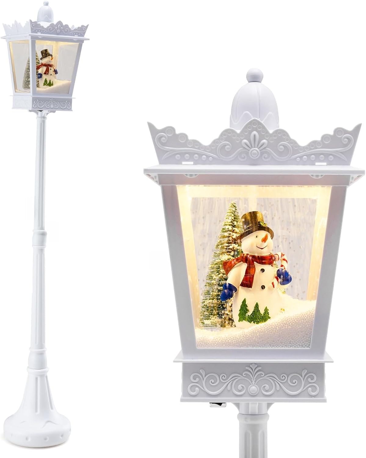 Goplus 8 ft Musical Christmas Street Light, Xmas Lamp Post w/Warm White LED Lights, Snowy Effects, Santa Snowman Scene, Fillable Base, Indoor Outdoor Lighted Holiday Decoration for Home Yard Porch