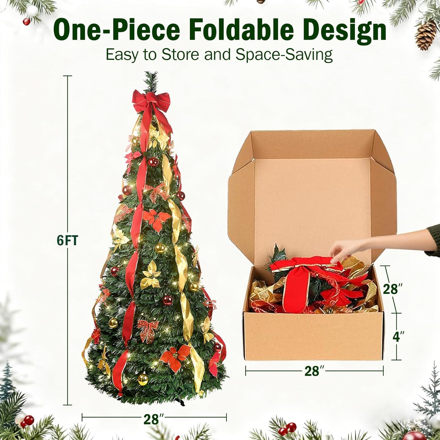 6FT Pop Up Christmas Tree with Lights, Prelit Collapsible Christmas Tree with 150 Warm White Lights, 1 Minute Xmas Trees, Decorated Foldable Artificial Trees for Holiday, Party Decoration (Green)