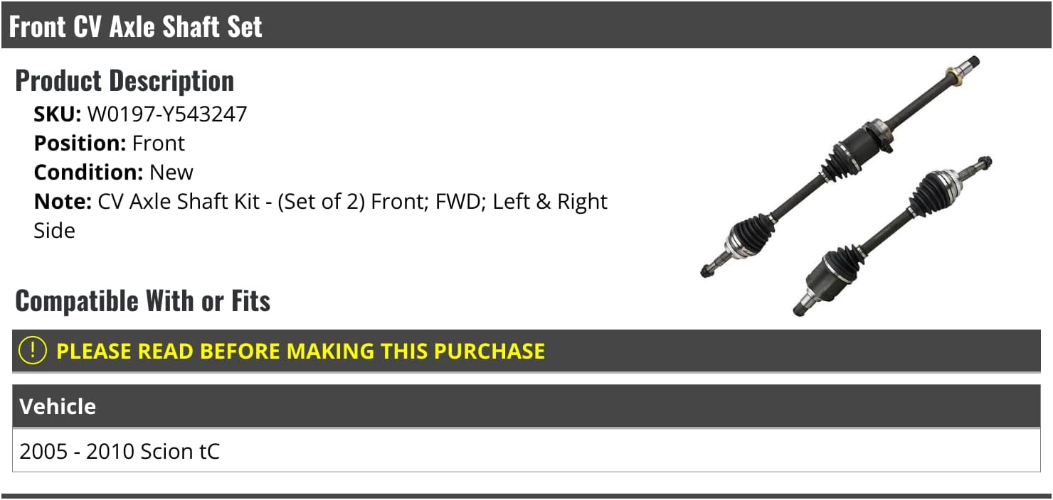 Front CV Axle Shaft Set of 2 - Compatible with 2005-2010 Scion tC