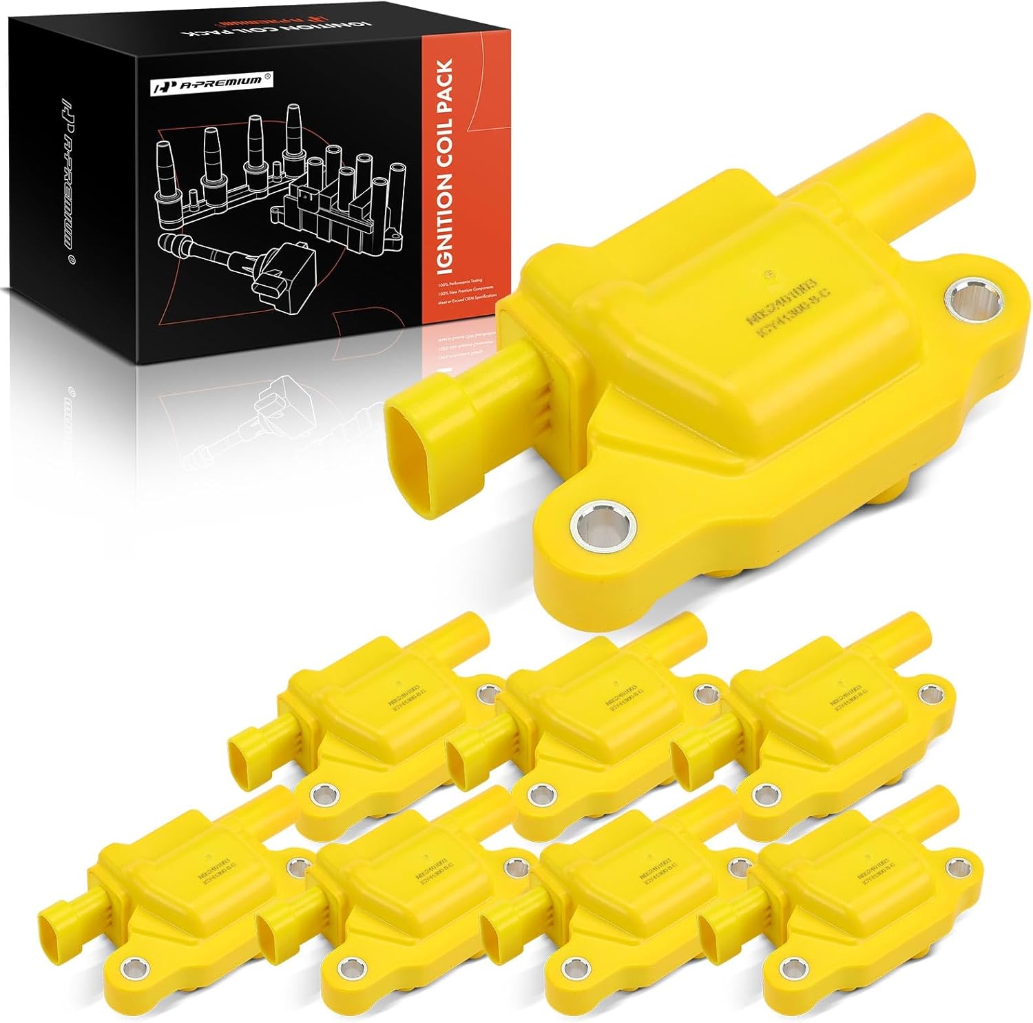 A-Premium (Yellow) Engine Ignition Coil Pack Compatible with Chevy Silverado, Impala, Tahoe, Camaro, Colorado & GMC Sierra, Yukon & Cadillac Escalade & Buick & Isuzu & Hummer & Pontiac, 8-PC Set