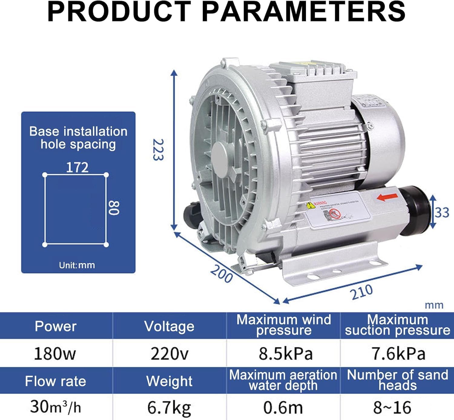 Regenerative Blower, Vortex Ring Blower, 220V/380V Industrial Regenerative Blower, For Workshops Pool Farms(180W/220V)