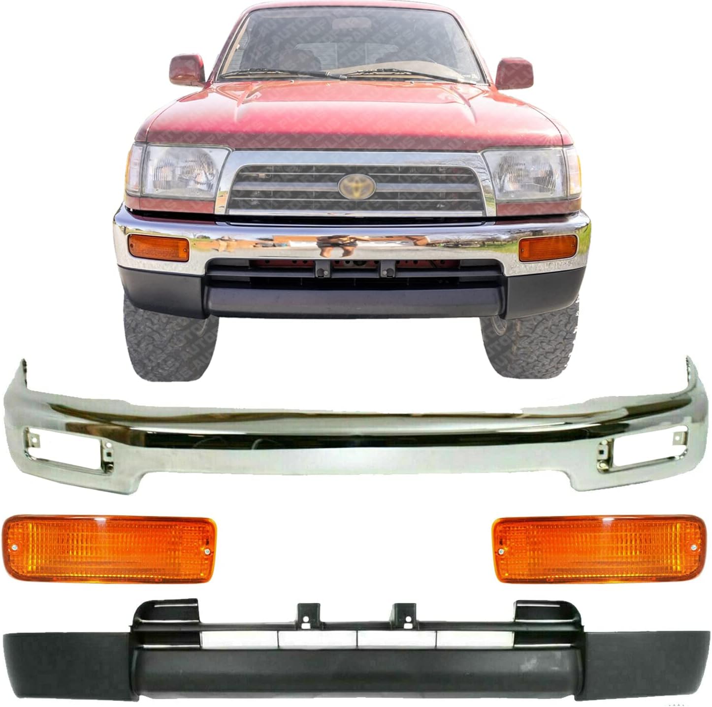 New Front Bumper Chrome Steel + Lower Valance Panel Primed + Signal Lights Right Passenger & Left Driver Side Direct Replacement For Toyota 4Runner 1996-1998 TO1002162 TO1095174