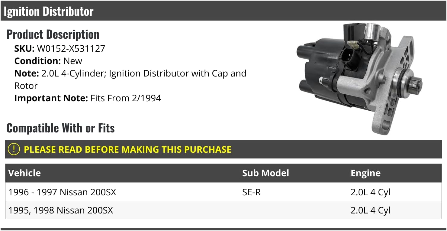 Ignition Distributor with Cap and Rotor - Compatible with 1995-1998 Nissan 200SX SE-R 2.0L 4-Cylinder (From 02/1994 Vehicle Production)