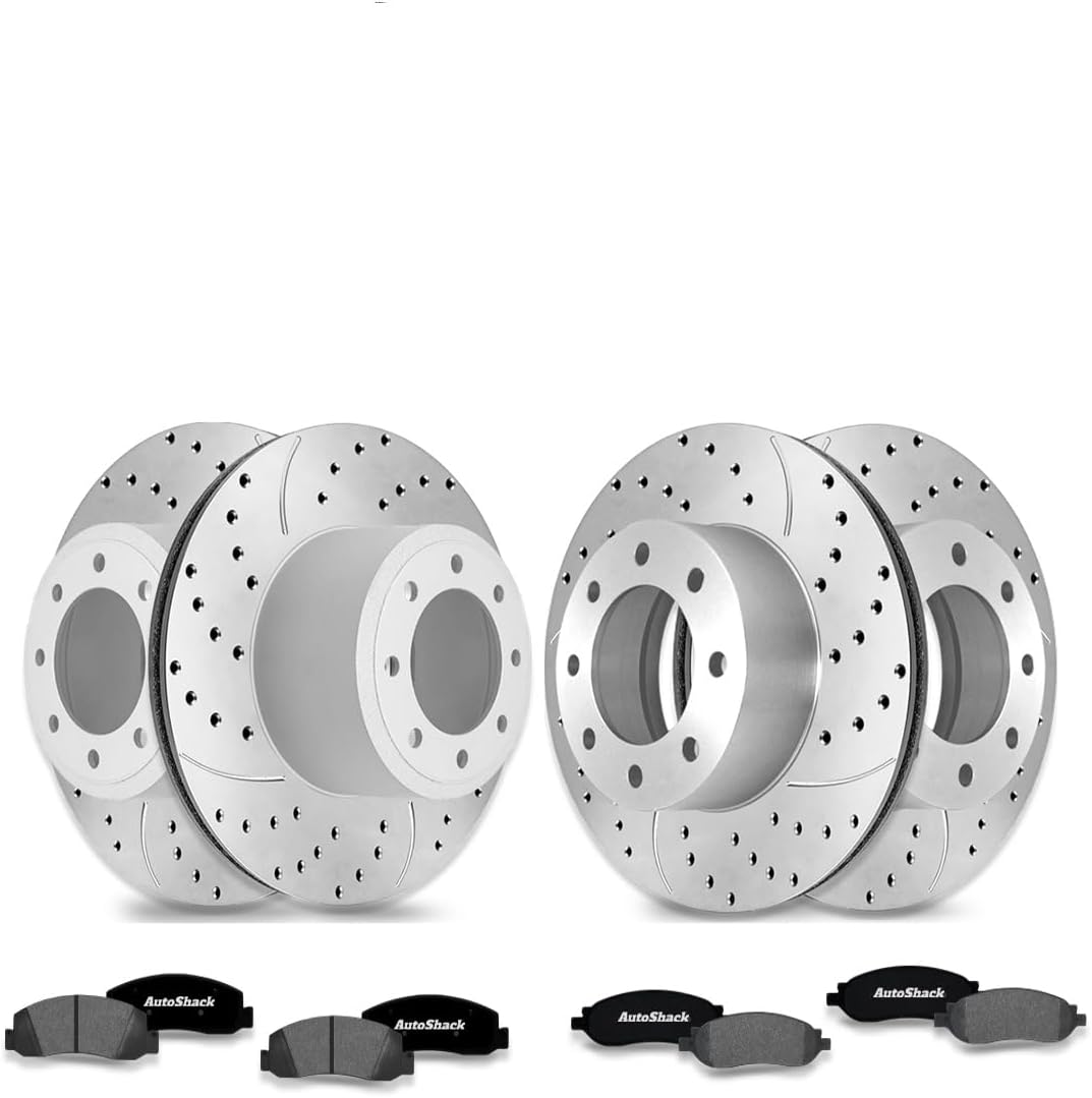 AutoShack Front & Rear Drilled & Slotted Brake Rotors Ceramic Brake Pads | Replacement for 2005-2007 Ford F-250 Super Duty | Silver Zinc Coated | 12-PC Brake Kit | SilverShield Pro