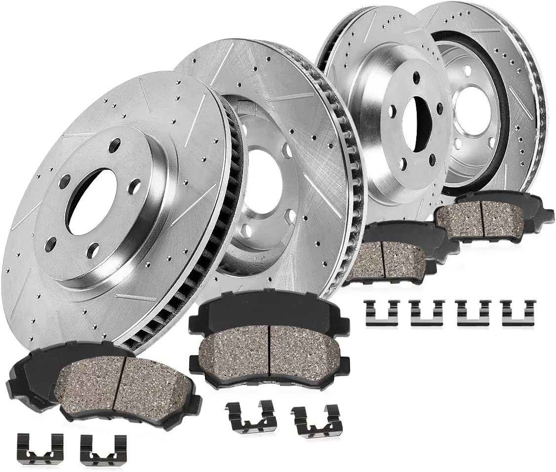 Callahan Brake Parts Brake Kit for Land Rover Discovery 2017 Land Rover Range Rover 14-17 Land Rover Range Rover Sport 14-17 Front and Rear Drilled Slotted Rotors with Ceramic Brake Pads EBYK042239