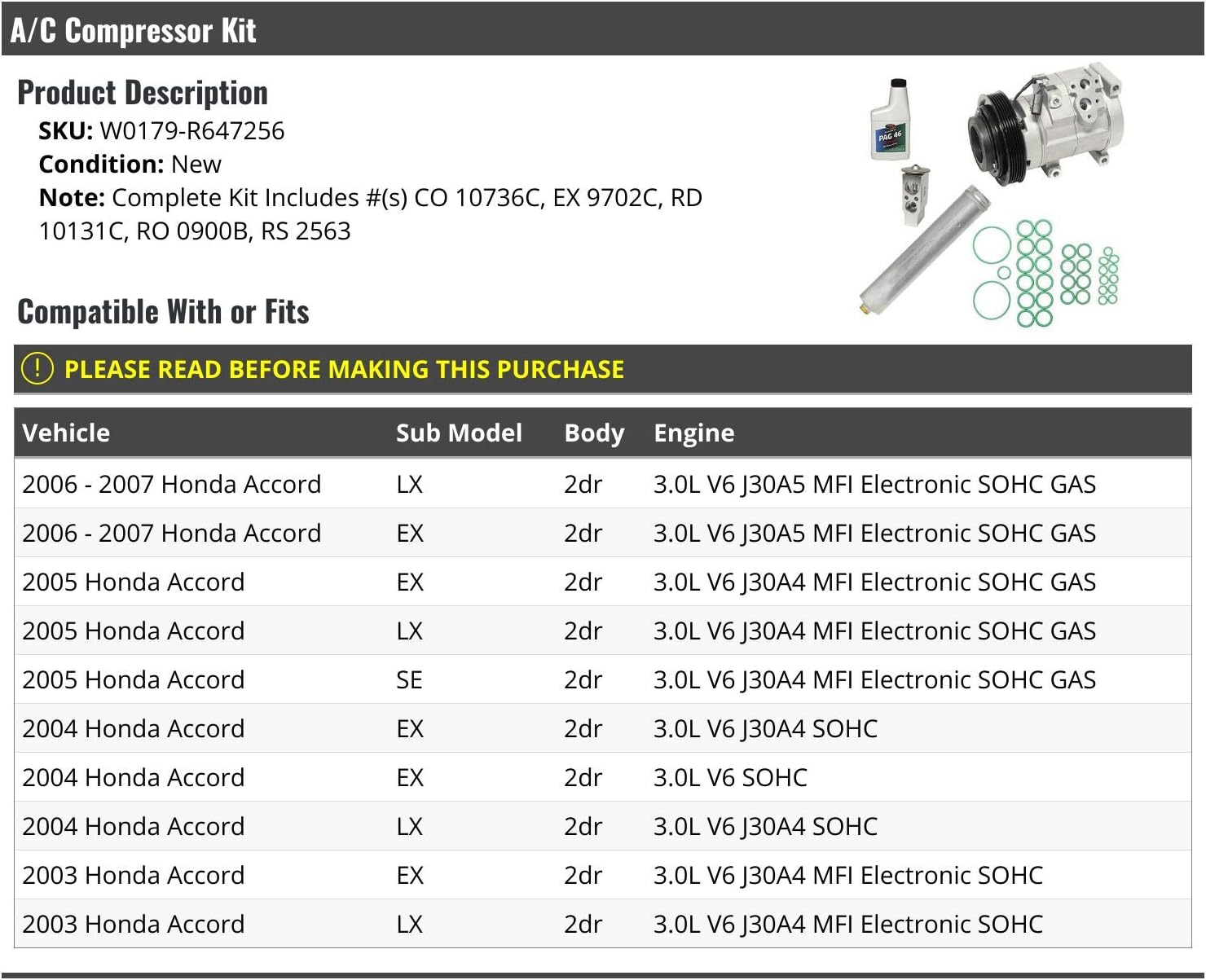 A/C Compressor Kit - Compatible with 2003-2007 Honda Accord 2-Door 3.0L V6