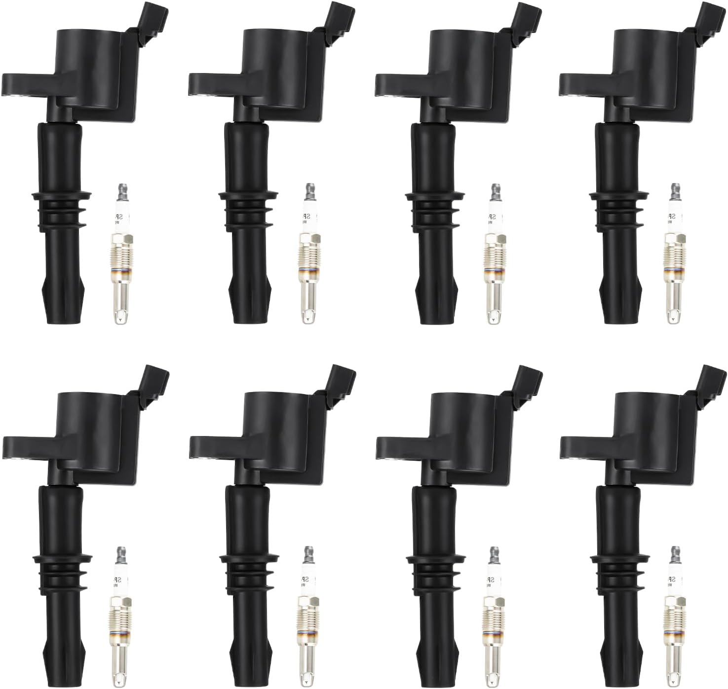 Ignition Coil Pack + Iridium Spark Plugs for Ford Expedition F150 F250 F-350 Lincoln Mark LT Navigator 2004-2008 5.4L V8, Replaces FD508 DG511 Black Coil Boots, 8 Sets