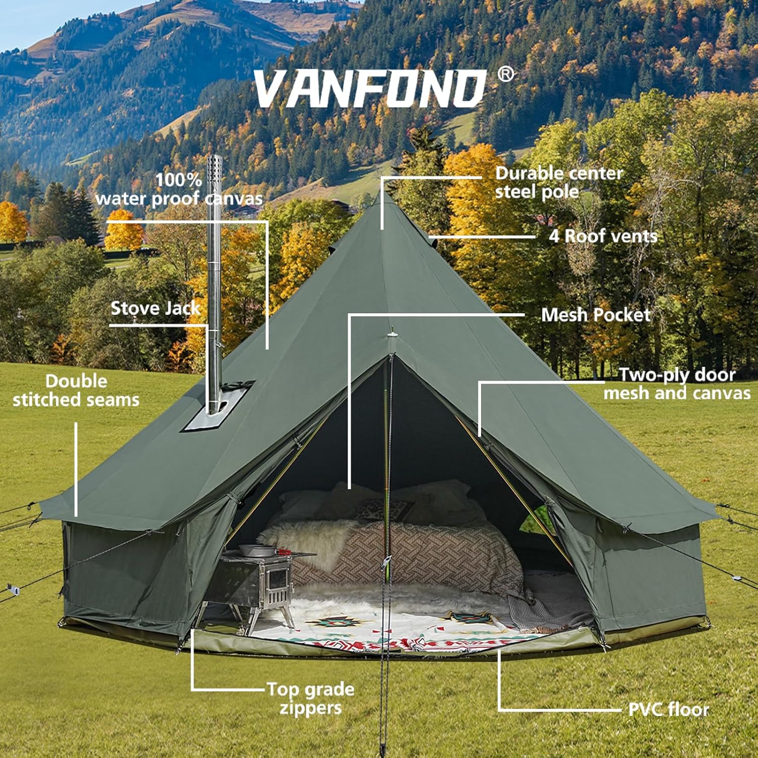 Canvas Bell Tent, Yurt with Stove Jack, Waterproof and Breathable Glamping Wall Tent, Detachable Groundsheet for Camping Party