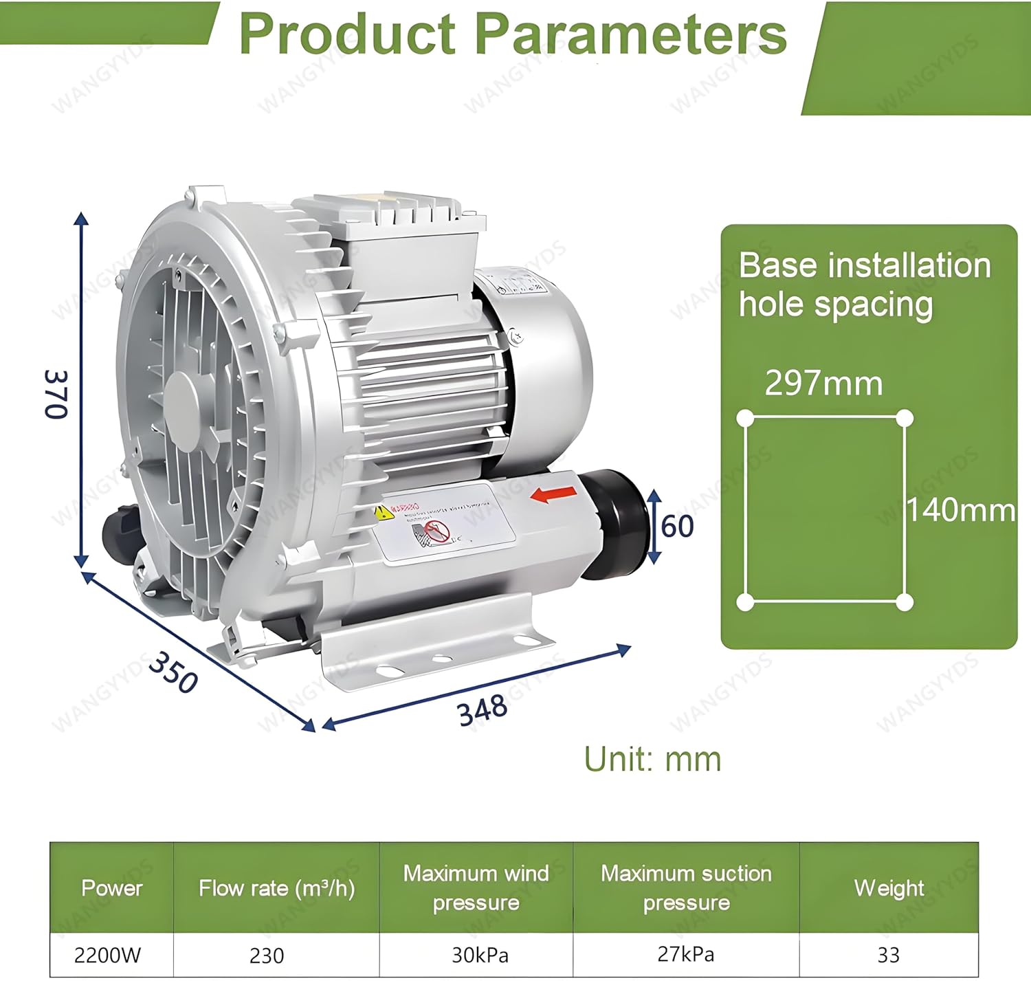 Aquaculture Regenerative Blower Three Phase High-Pressure Vortex Ring Blower 380V 0.35H P-5.36H P 42-420CFM for Fish Ponds, Aquaruims, Fish Farms, Aquaculture 2200W/28Kpa/230CFM