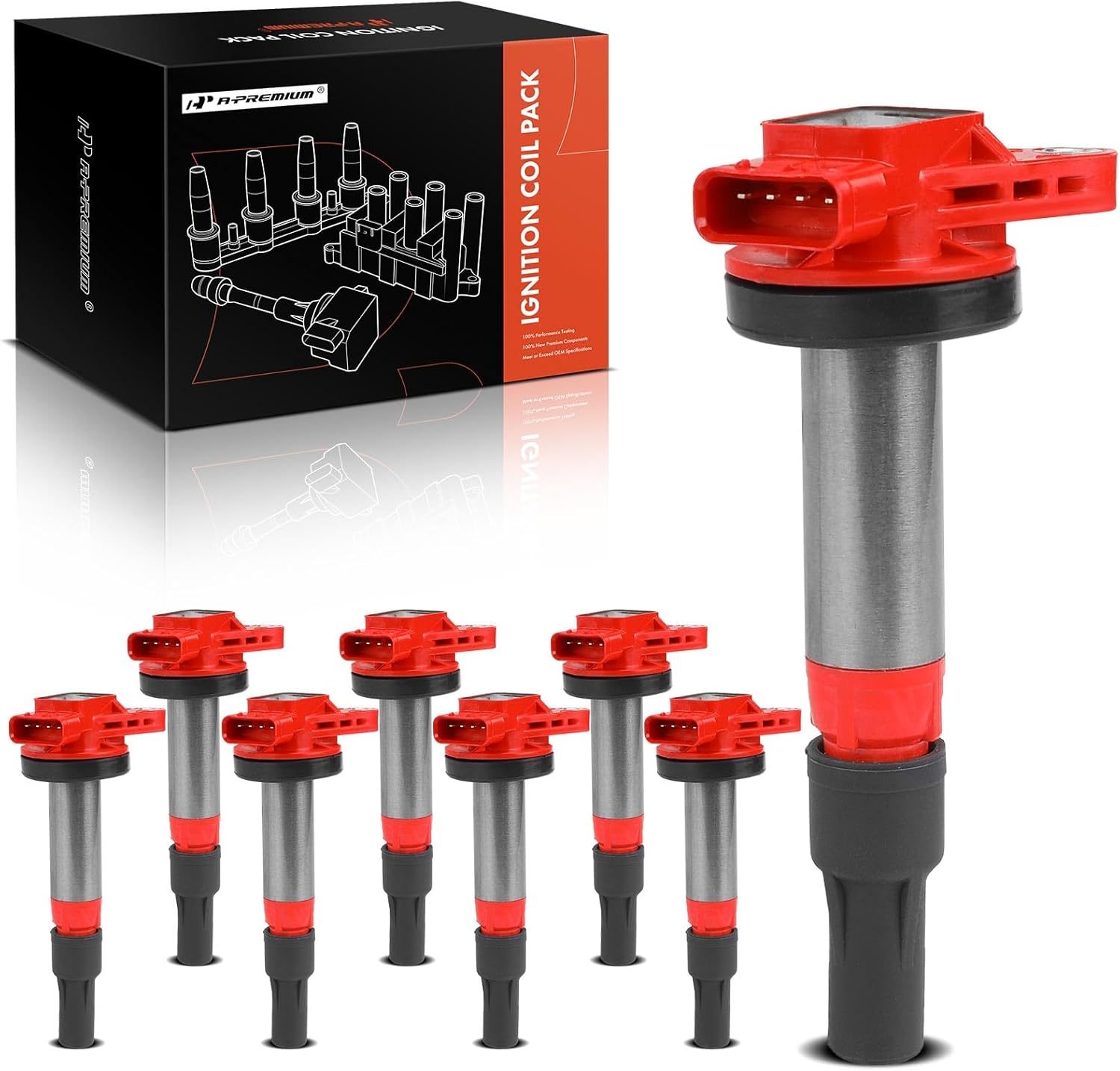 A-Premium (Red) Engine Ignition Coil Pack Compatible with Jaguar XF, XJ8, XJR, XK, XK8, XKR, S-Type, Super V8, Vanden Plas & Land Rover LR3, Range Rover, Range Rover Sport, 4.0L 4.2L 4.4L, 8-PC Set