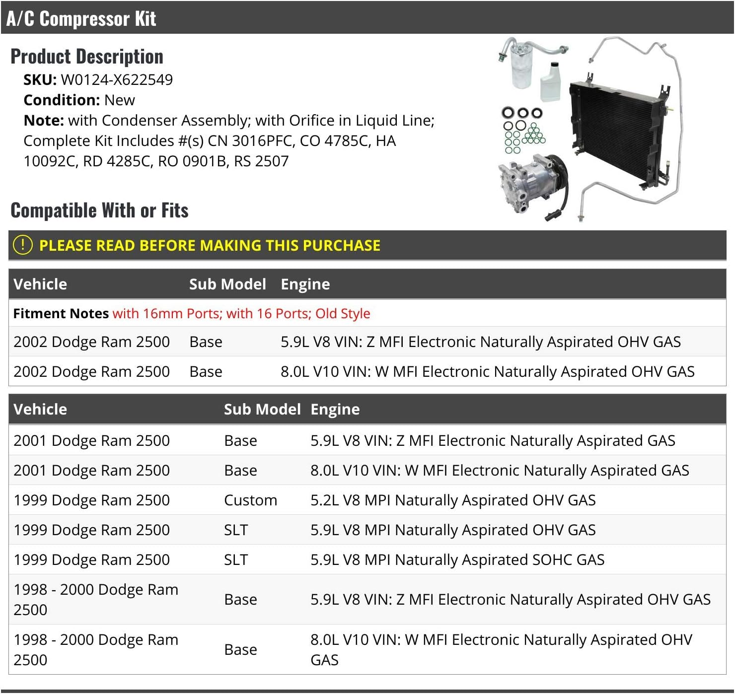 A/C Compressor Kit - with Condenser Assembly and Orifice in Liquid Line - Compatible with 1998-2002 Dodge Ram 2500