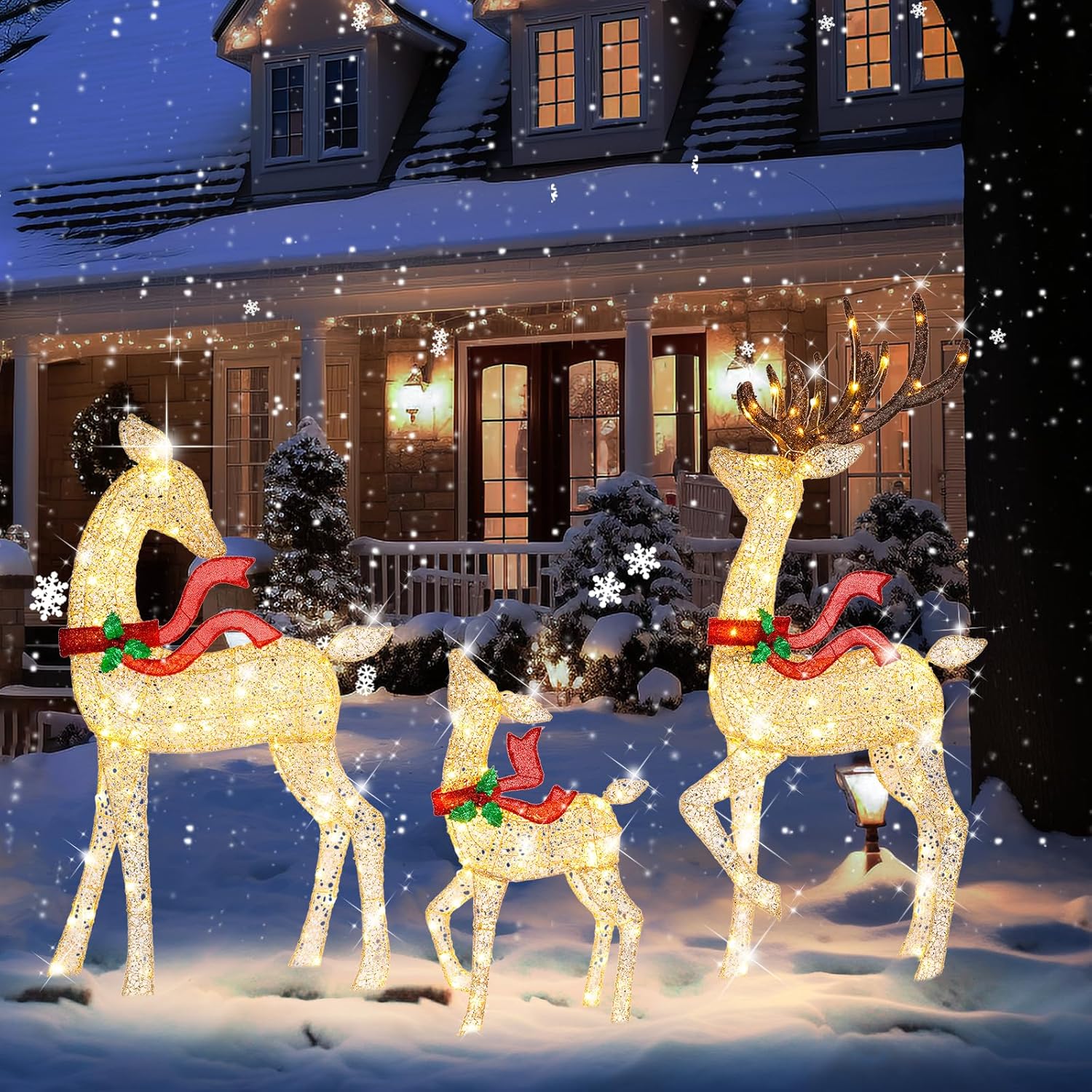62Inch Reindeer Christmas Decoration Outdoor, 3-Piece Lighted Christmas Deer Family Set with 200 LED Cool White Lights for Yard Patio Lawn Garden Party - White