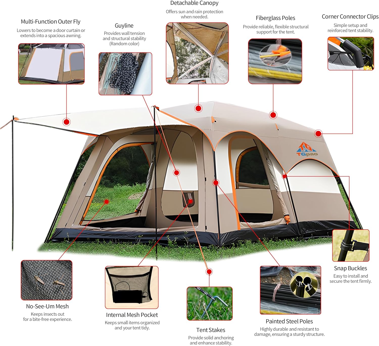 Large Family Camping Tent - 5-12 Person Multi-Room Waterproof Pop-Up Tent with Screened Porch - Glamping Tent for Outdoor Camping & Family Vacation