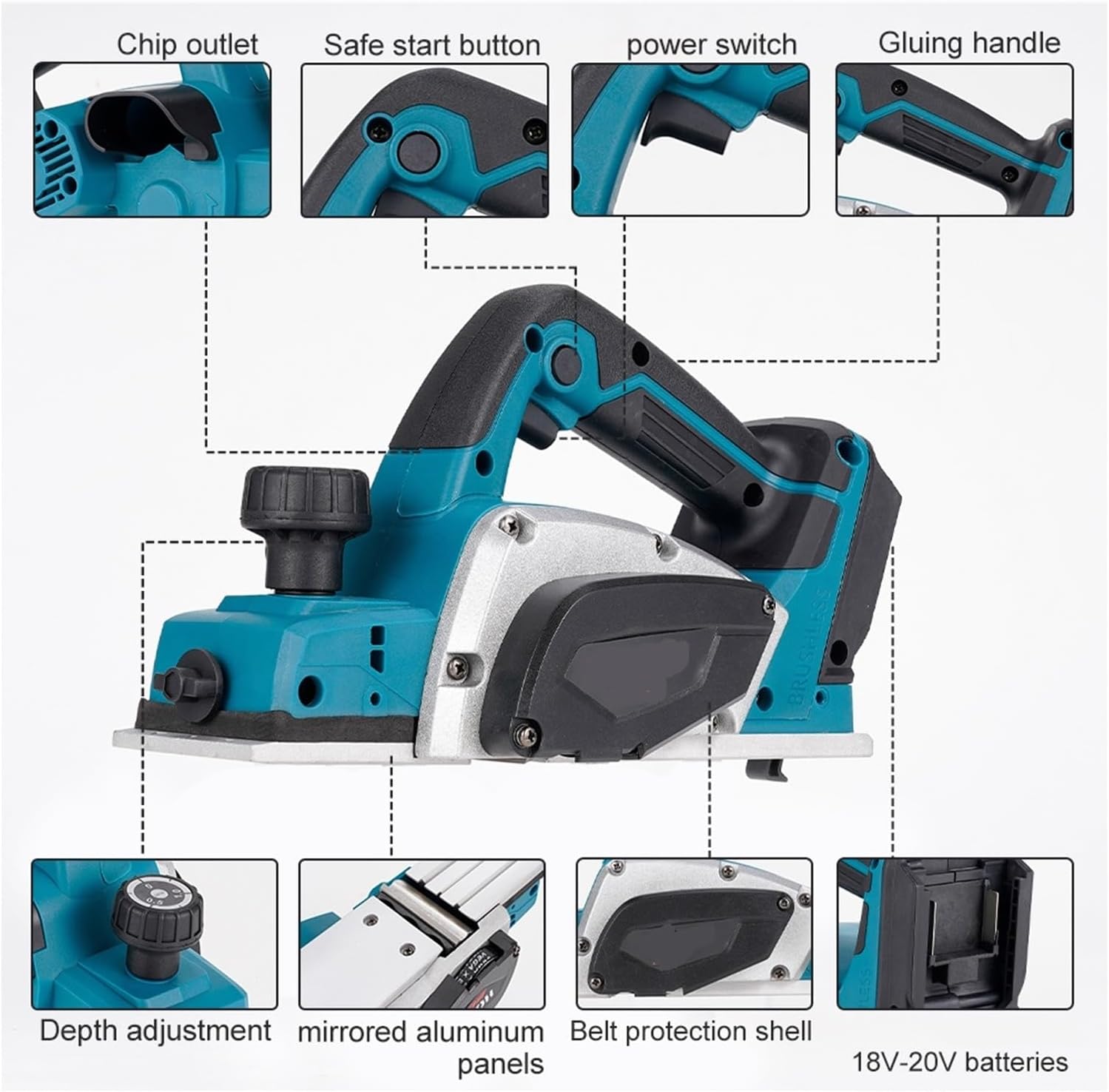 Handheld Electric Planer Cordless Wood Planing Mac Brushless Electric Planer Cordless Handheld Wood Cutting Power Tool Planing Machine Carpenter Woodworking For 18V Batterying