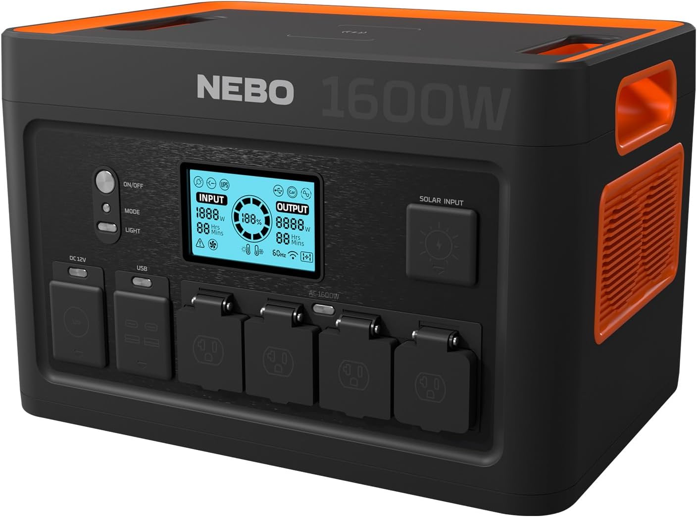 NEBO PINNACLE 1600 W Power Station | 1228.8Wh Capacity, Portable Uninterruptible Power Supply for Emergencies, LiFePO4 Battery, 12 Outlets, 2 Hour Recharge, OVERDRIVE Runs Devices up to 2000 Watts