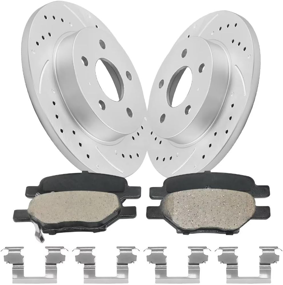 Rear Automotive Replacement Brake Kit, Drilled Slotted Rotors Kit Compatible with 2004-2012 Chevy Malibu, 2005-2008 Chevy Cobalt, 2008-2010 Chevy HHR| Anti-Rust Geomet Coated| 270mm-10.6in