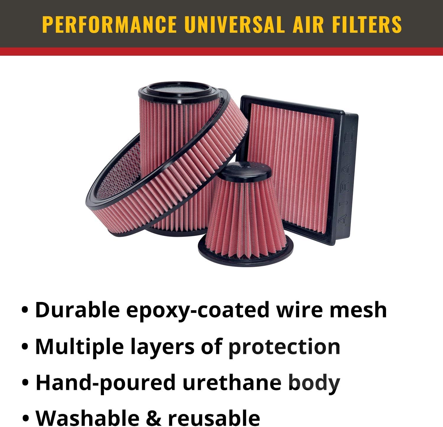 Airaid 722-440 Universal Clamp-On Air Filter: Oval Tapered; 3.5 in (89 mm) Flange ID; 5 in (127 mm) Height; 8.5 in x 5.25 in (216 mm x 133 mm) Base; 6 in x 3.688 in (152 mm x94 mm) Top