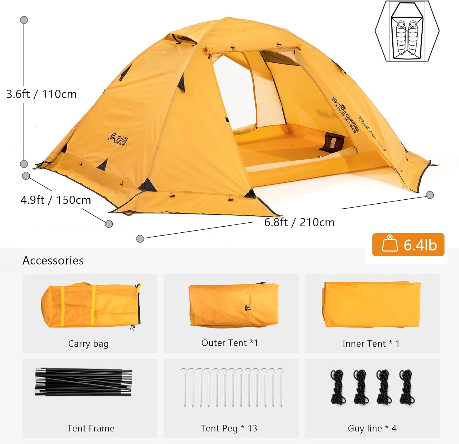 BISINNA 4 Season Tent for Backpacking Winter Tents 2 Person Lightweight Cold Weather Tents Waterproof Double Layer All Season Tent Aluminum Alloy Poles Easy Set Up for Camping, Hiking, Outdoor