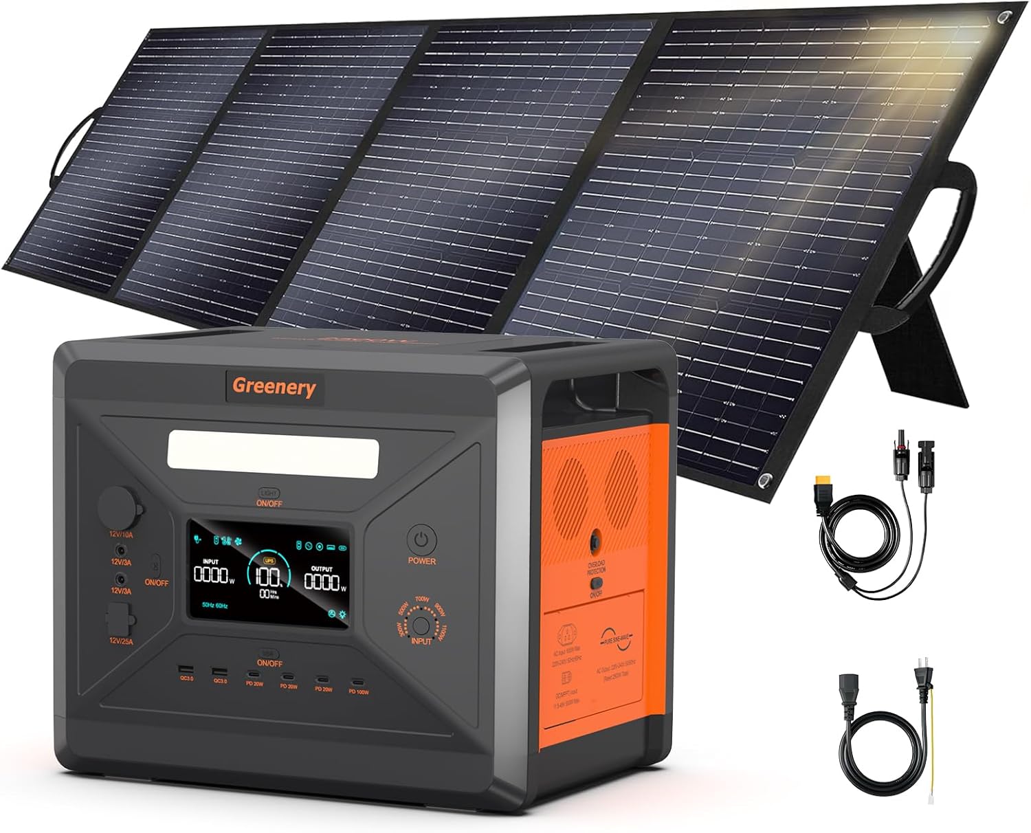 Greenery 2500W Solar Generator, 2304Wh Portable Power Station With 200W Solar Panel, LiFePO4 Battery 1.5Hrs Fast Charging, 4 AC Outlets (Peak 5000W) Power Station for Home Camping Outdoor Backup