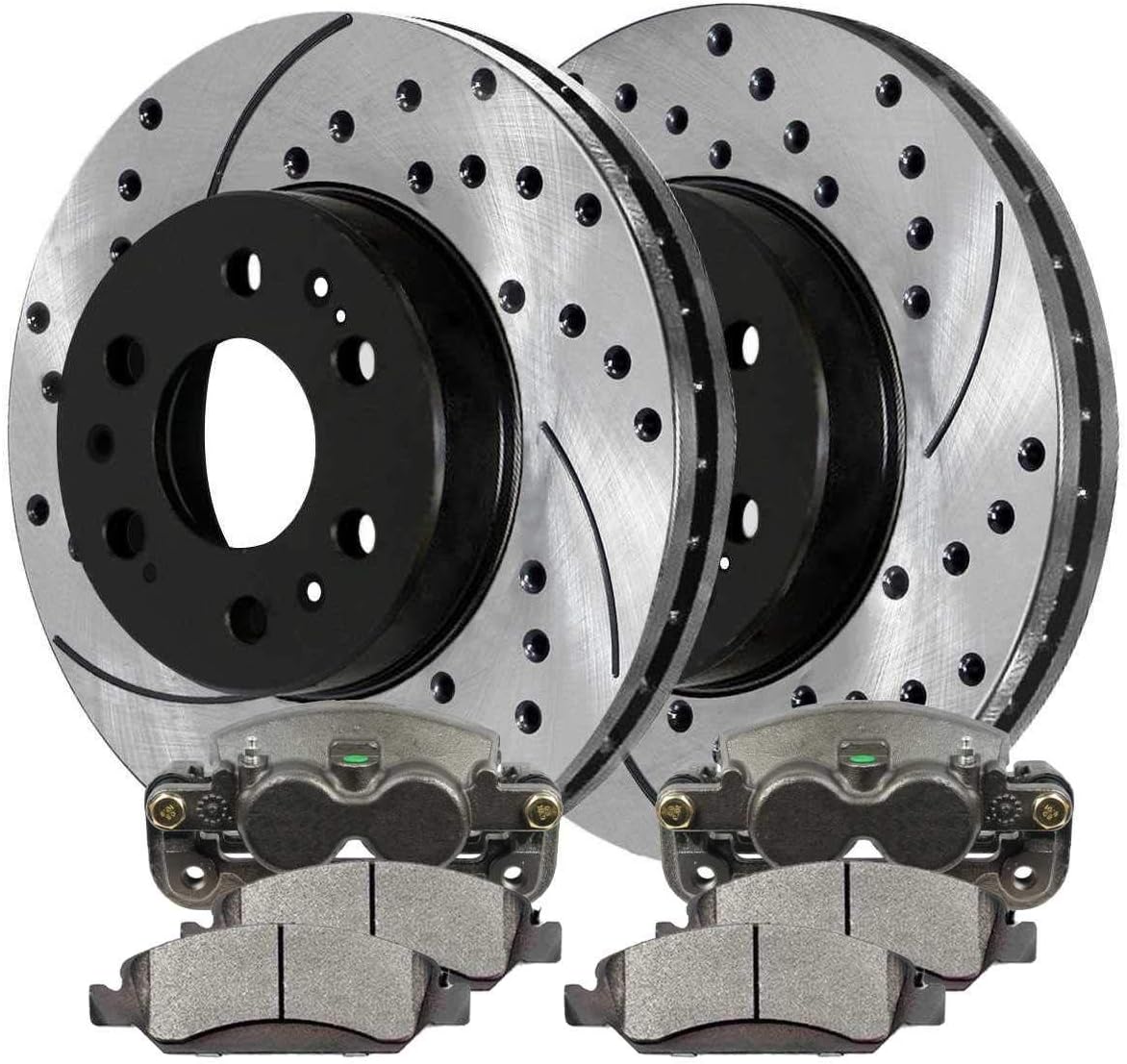 AutoShack Front Drilled & Slotted Brake Rotors Premium Ceramic Brake Pads Calipers | Replacement for Chevrolet Silverado 1500 Tahoe GMC Sierra 1500 4WD | E-Coated | 8-PC Brake Kit | ShadowGuard