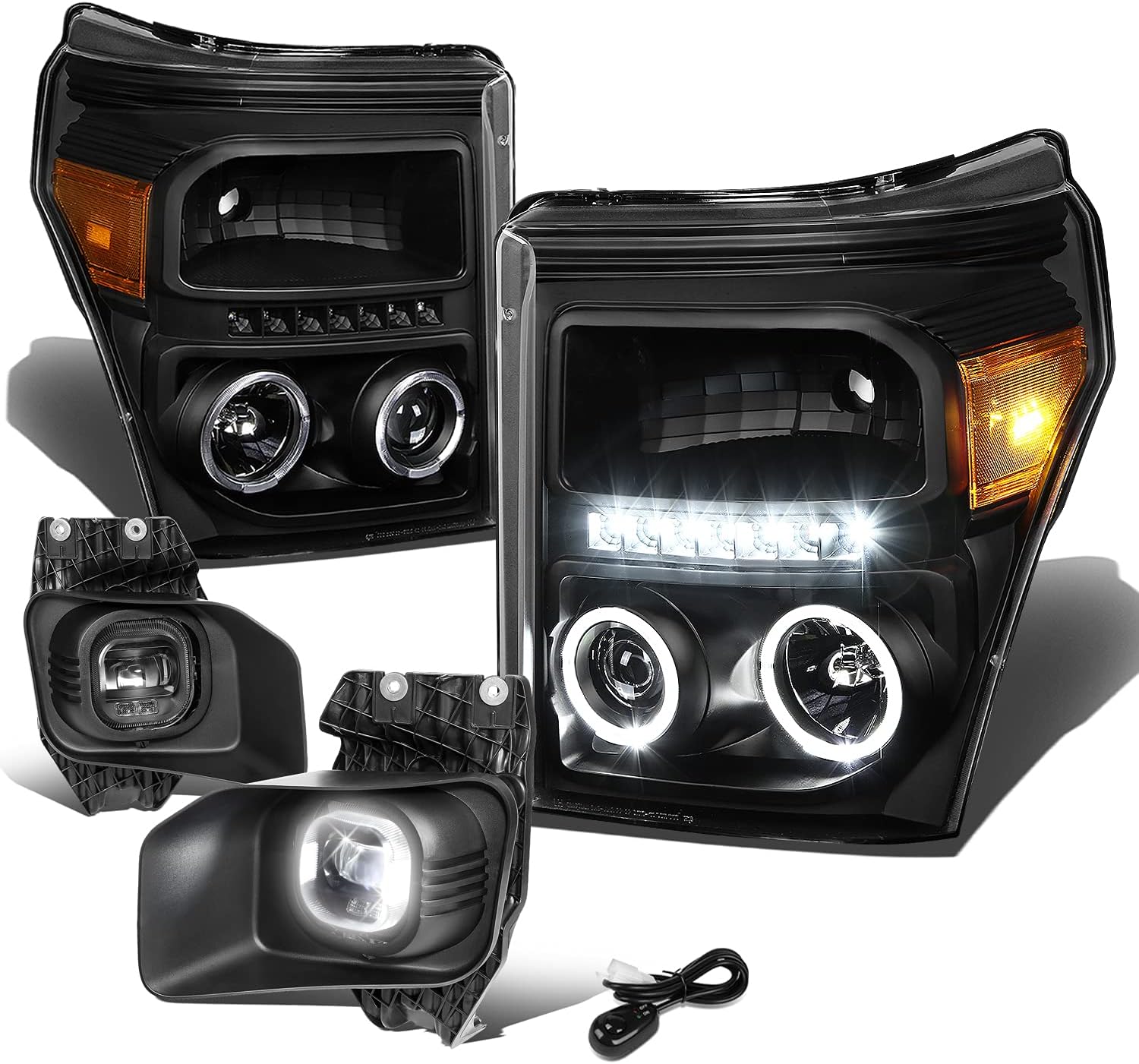 Auto Dynasty Dual Halo DRL Projector Headlights and High Power Driving Fog Lamps Set Compatible with Ford F250-F550 Super Duty 11-16, Driver and Passenger Side, Black Amber Corner, Clear Lens