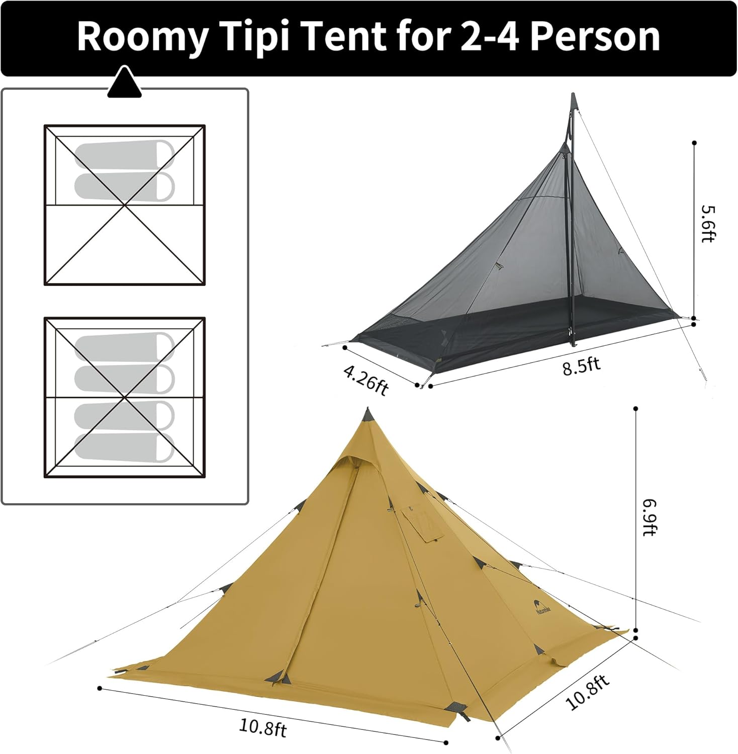 Naturehike Ranch Fire Teepee Tent, 4 Season Hot Tent with Stove Jack, Windproof Waterproof Cold Weather Winter Tents for Camping