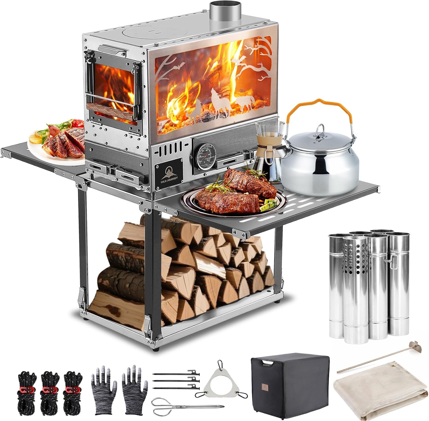M8 Wood Burning Stove with Oven & Camping Table, Compatible with IGT Pellet Burners, Stainless Steel Portable Hot Tent Stove, Including 6 Chimney Pipes, for Camping, Tents, Cooking and Travel (Silver)