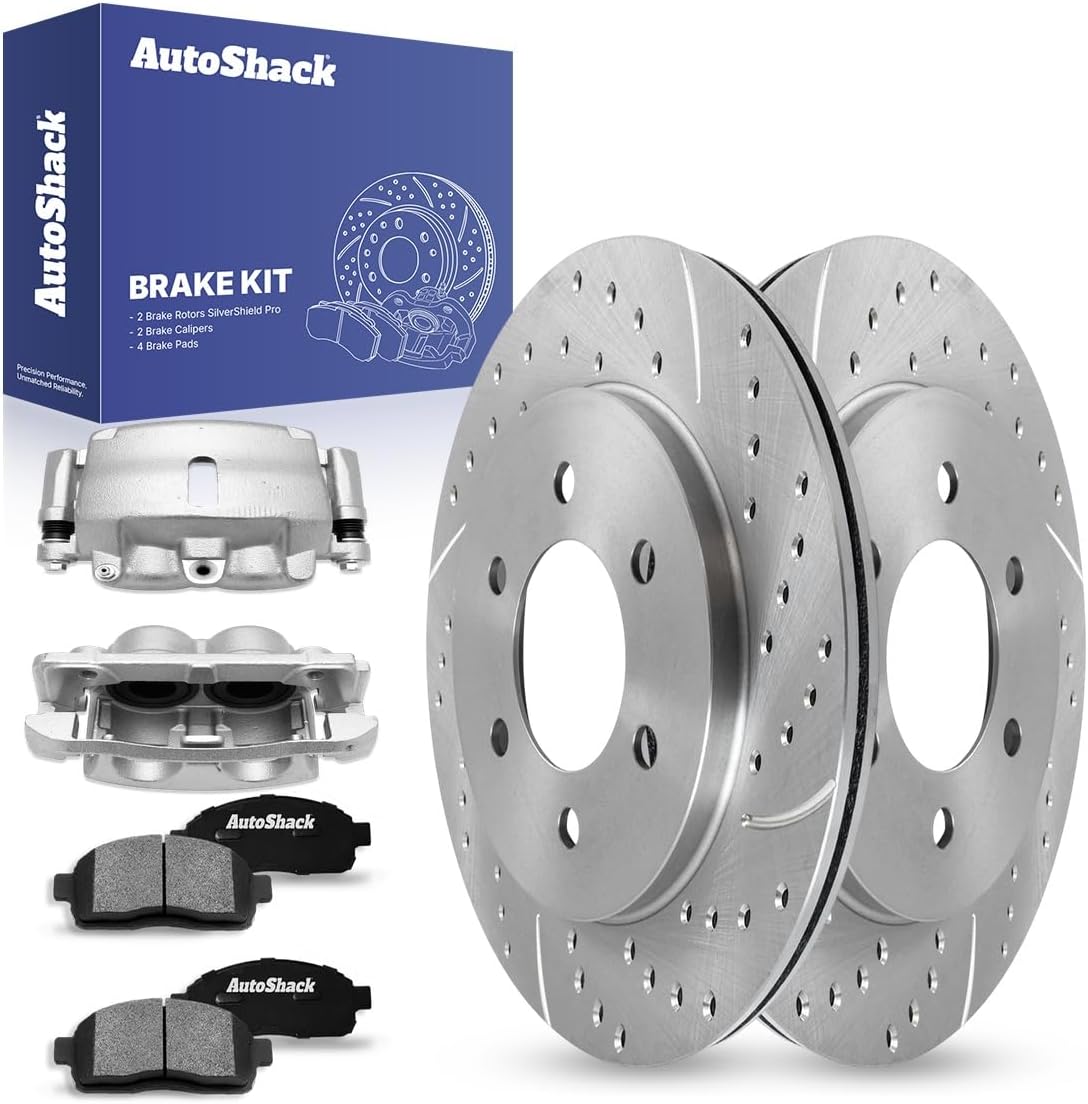 AutoShack Front Drilled & Slotted Brake Rotors Ceramic Brake Pads Calipers | Replacement for 2005-2008 Ford F-150 2006-2008 Lincoln Mark LT RWD | Silver Zinc Coated | 8-PC Brake Kit | SilverShield Pro