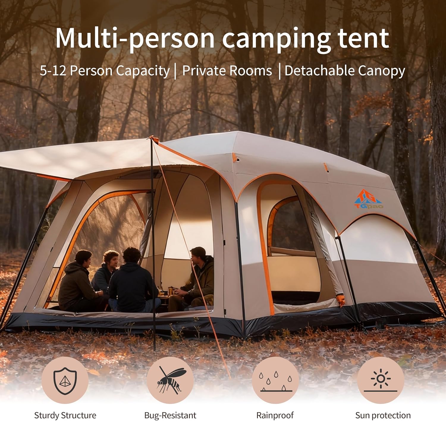 Large Family Camping Tent - 5-12 Person Multi-Room Waterproof Pop-Up Tent with Screened Porch - Glamping Tent for Outdoor Camping & Family Vacation