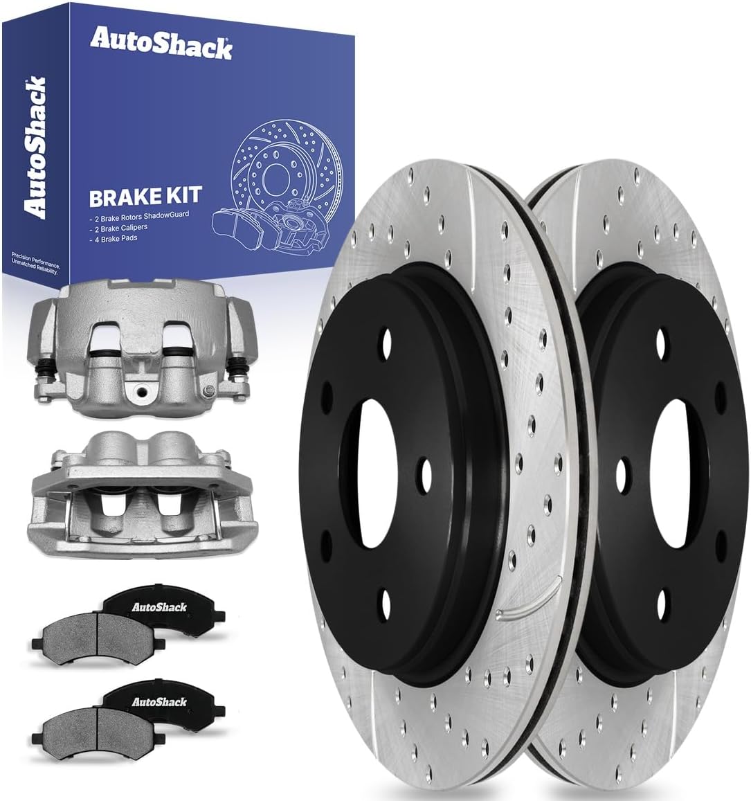 AutoShack Front Drilled & Slotted Brake Rotors Ceramic Brake Pads Calipers | Replacement for 2006-2008 Dodge Ram 1500 3.7L 4.7L 5.7L V6 V8 4WD RWD | E-Coated | 8-PC Brake Kit | ShadowGuard
