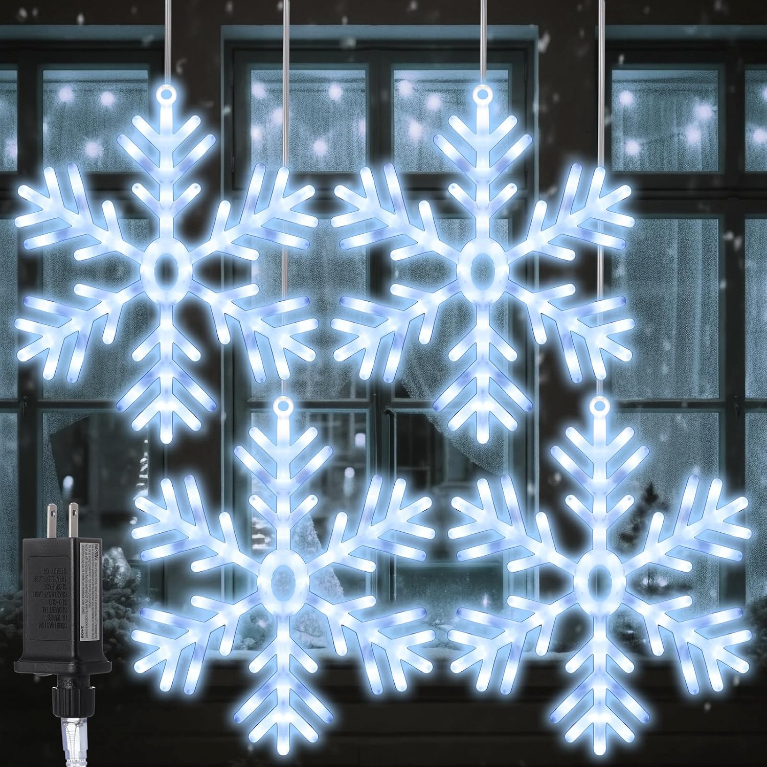 4 Pcs 23.6 in Large Christmas Snowflake Lighted Decorations - LED Hanging White Window Lights Silhouette for Outdoor, Yard, Porch, Eaves, Home Xmas Festival Decor