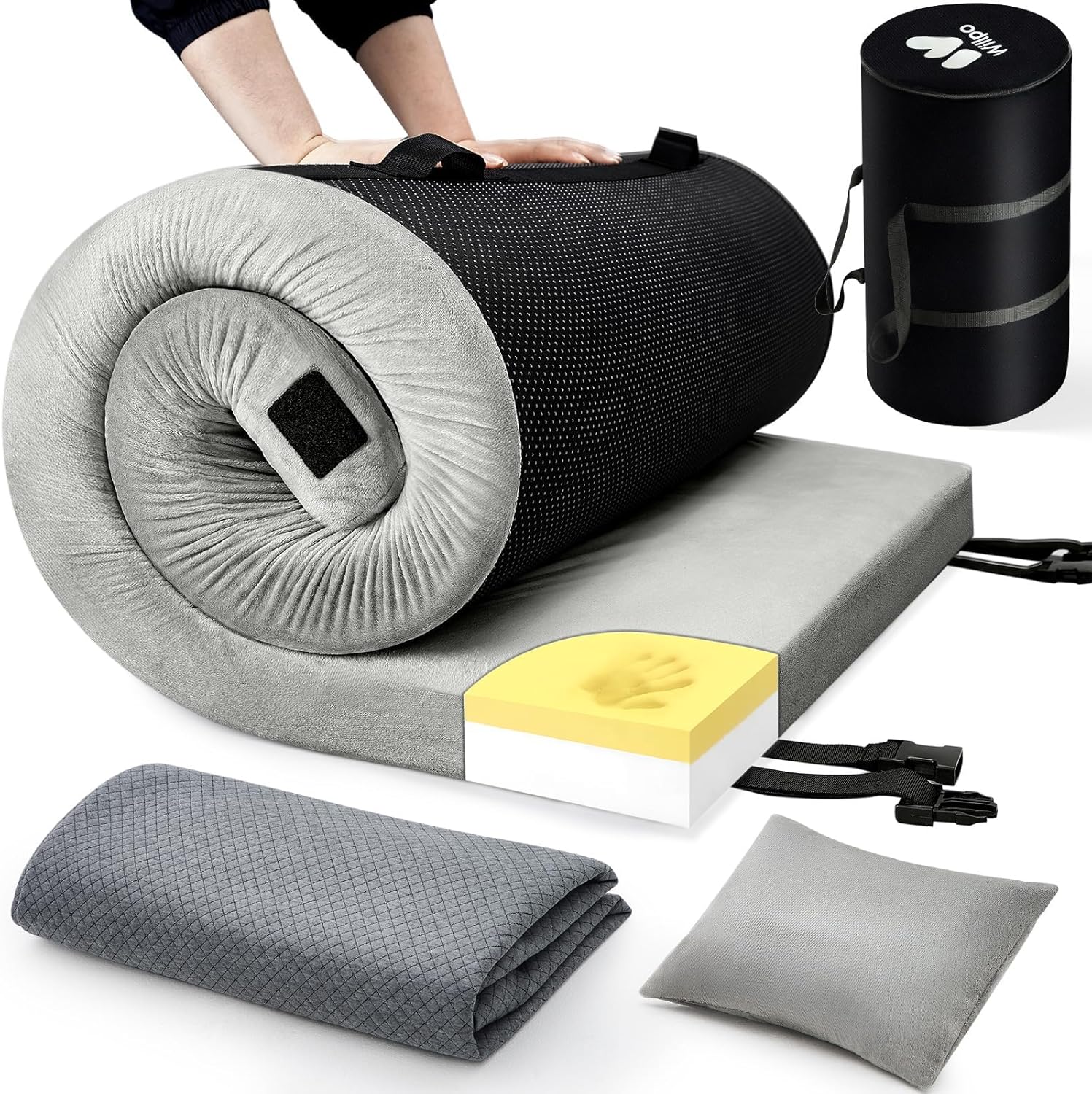 Willpo CertiPUR-US Memory Foam Camping Mattress with Travel Bag and 2 Interchangeable Covers, Lightweight Portable Sleeping Pad for Tents, Guest Beds, Home